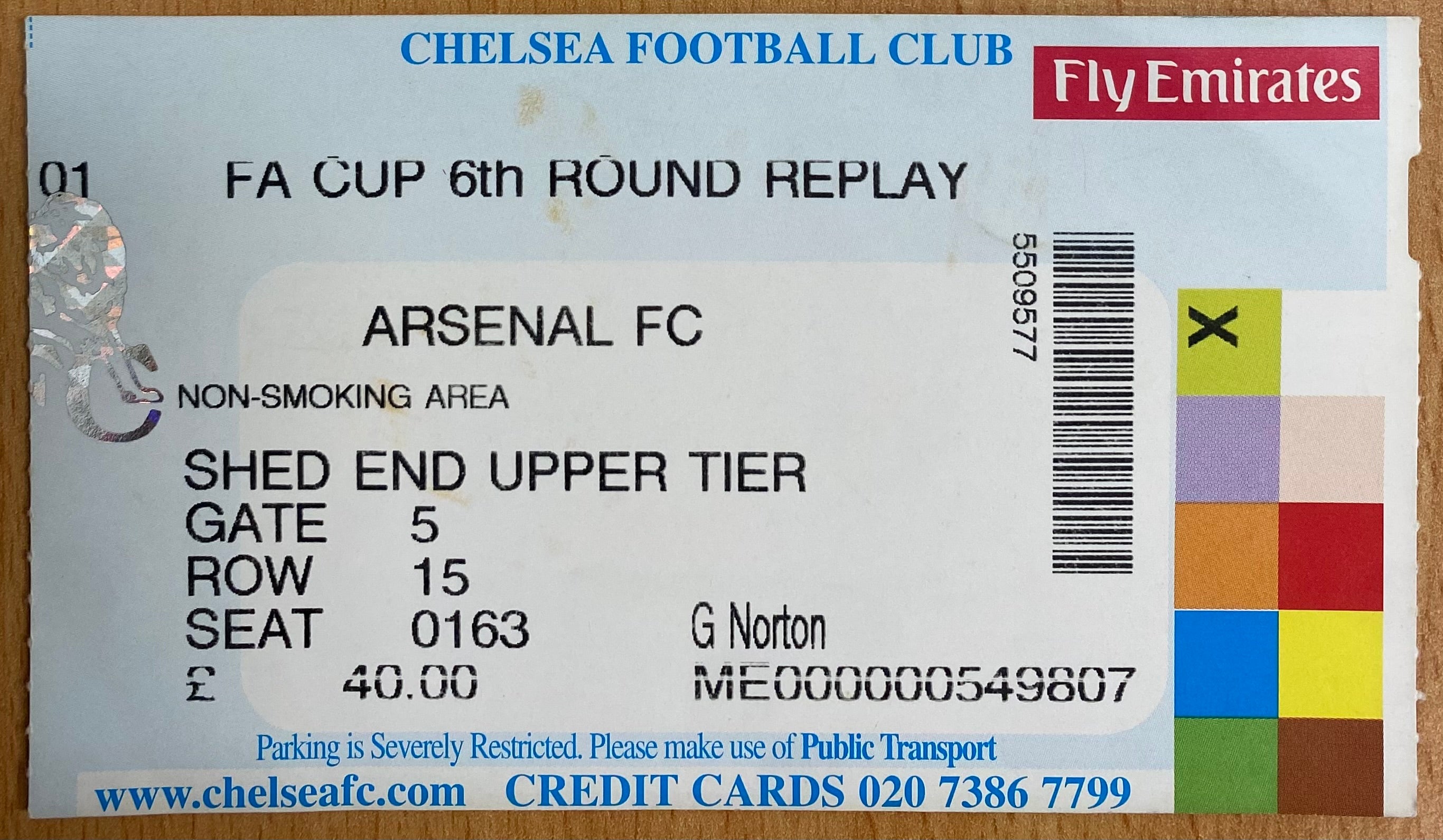 2002/03 ORIGINAL FA CUP 6TH ROUND TICKET CHELSEA V ARSENAL