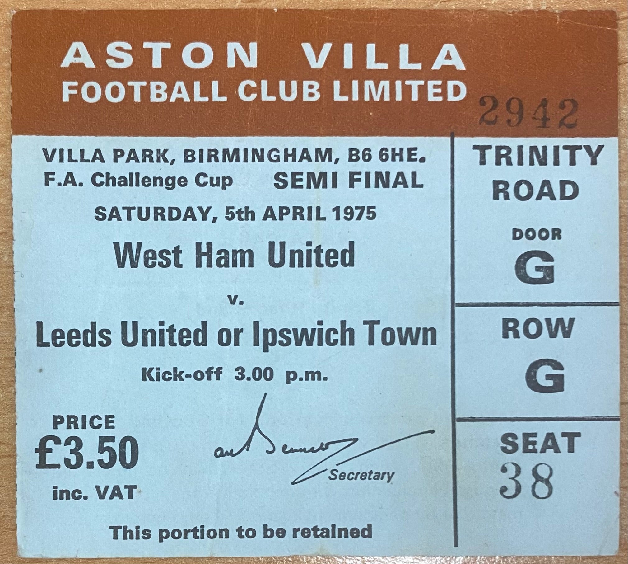 1975 ORIGINAL FA CUP SEMI FINAL TICKET WEST HAM UNITED V IPSWICH TOWN @ VILLA PARK