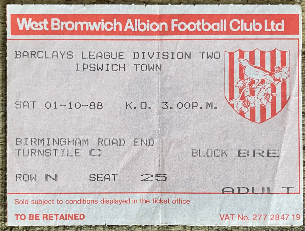 1987/88 ORIGINAL DIVISION 2 TICKET WEST BROMWICH ALBION V IPSWICH TOWN