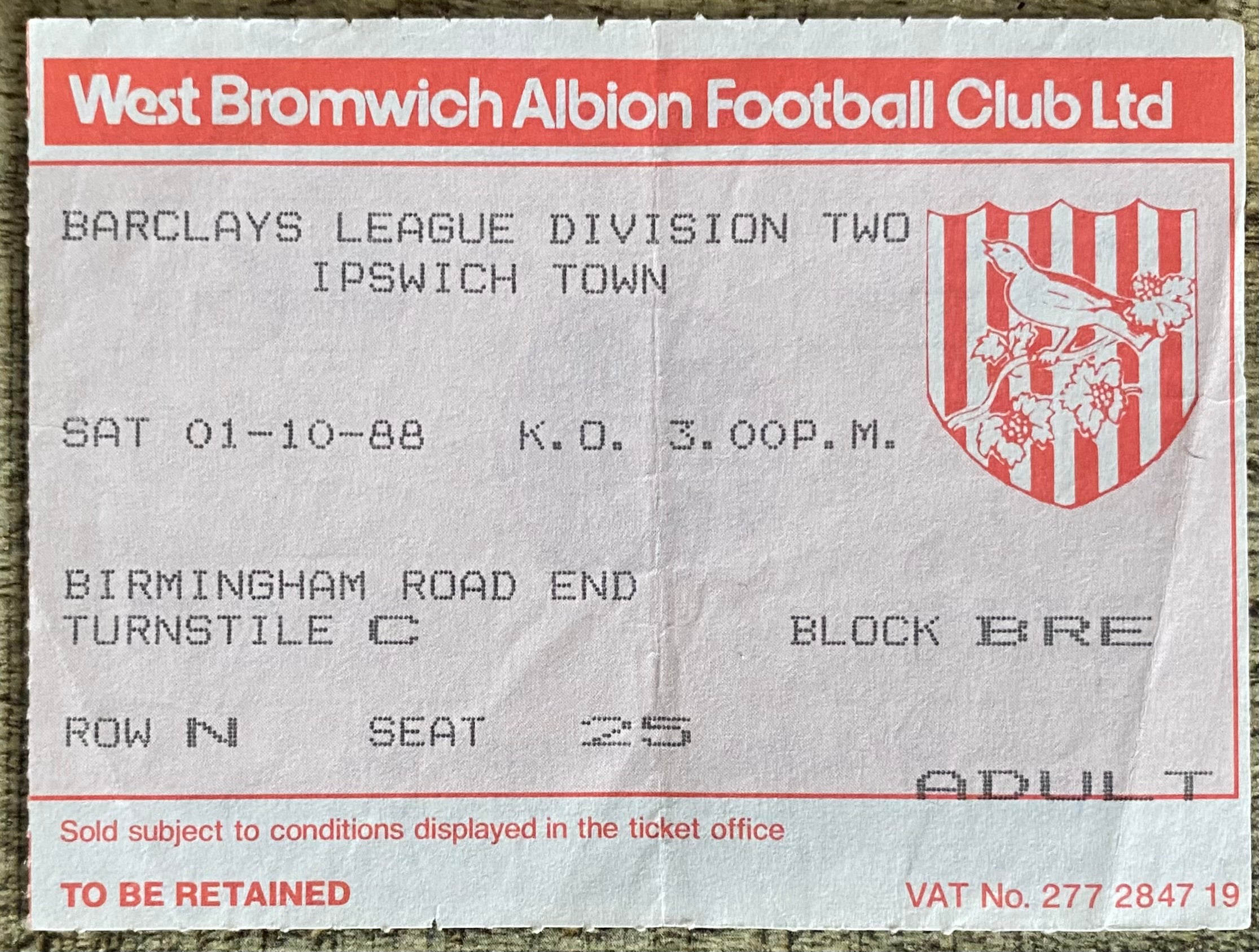 1987/88 ORIGINAL DIVISION 2 TICKET WEST BROMWICH ALBION V IPSWICH TOWN