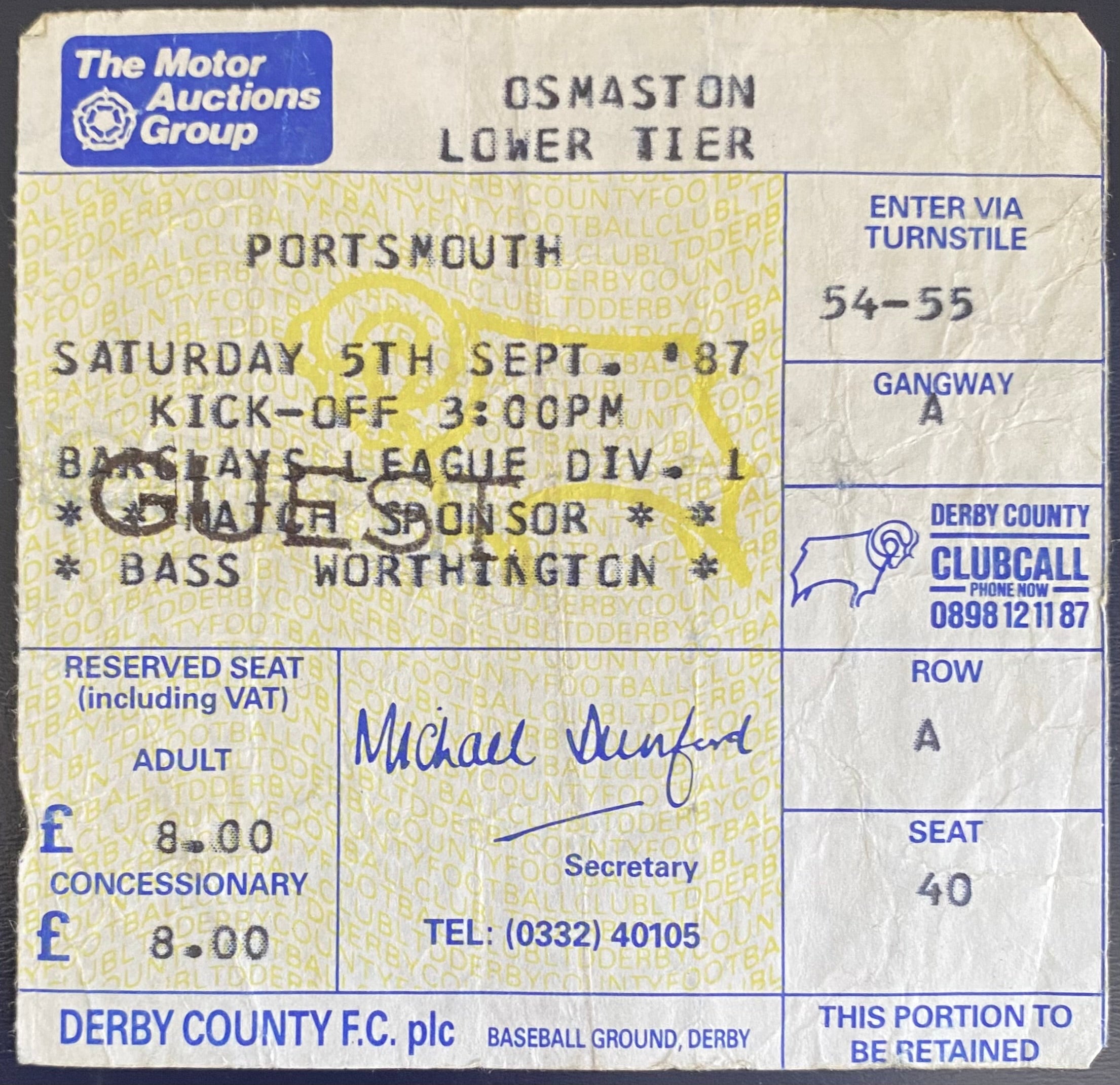 1987/88 ORIGINAL DIVISION 1 TICKET DERBY COUNTY V PORTSMOUTH