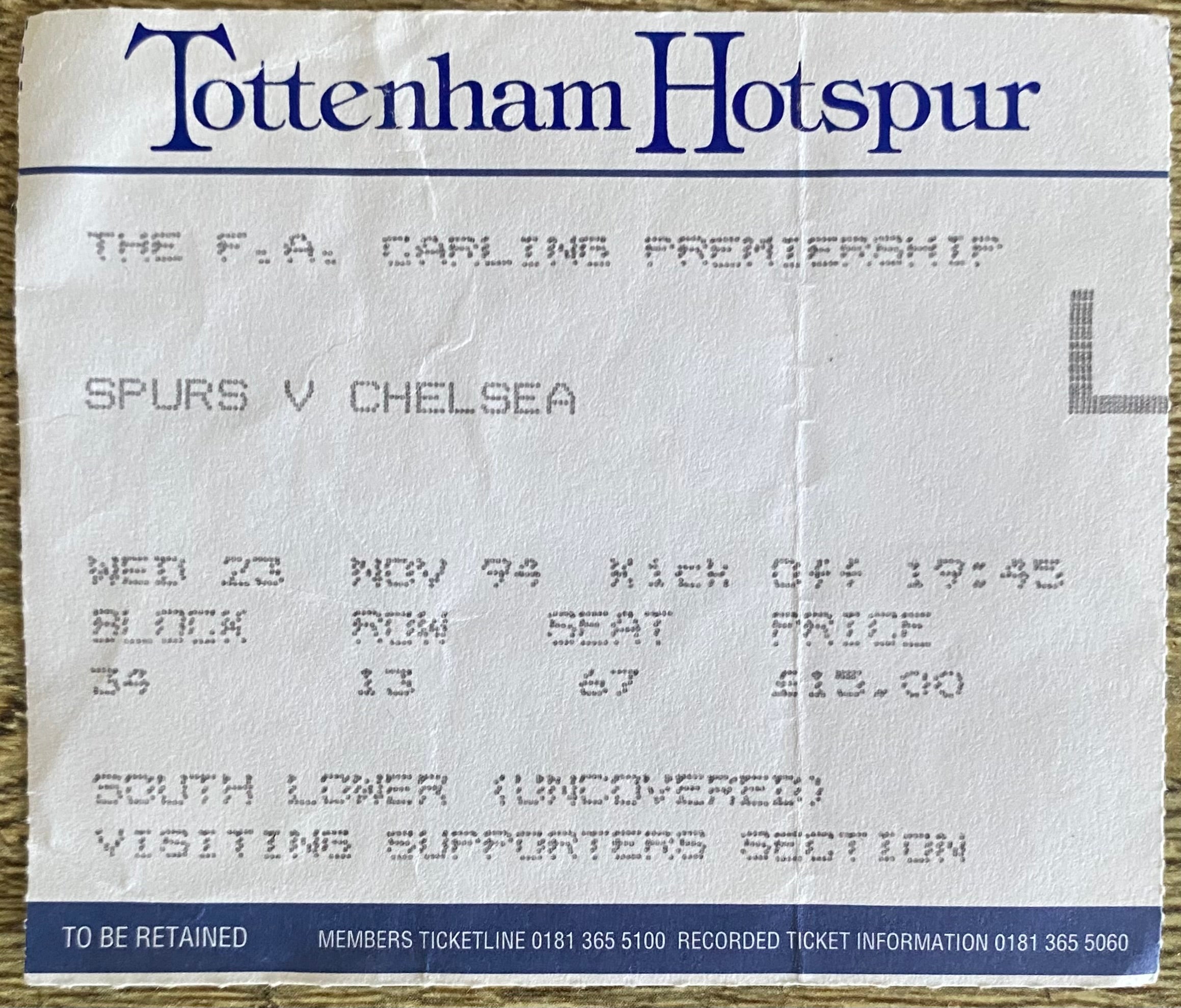 1994/95 ORIGINAL FA PREMIERSHIP TICKET TOTTENHAM HOTSPUR V CHELSEA