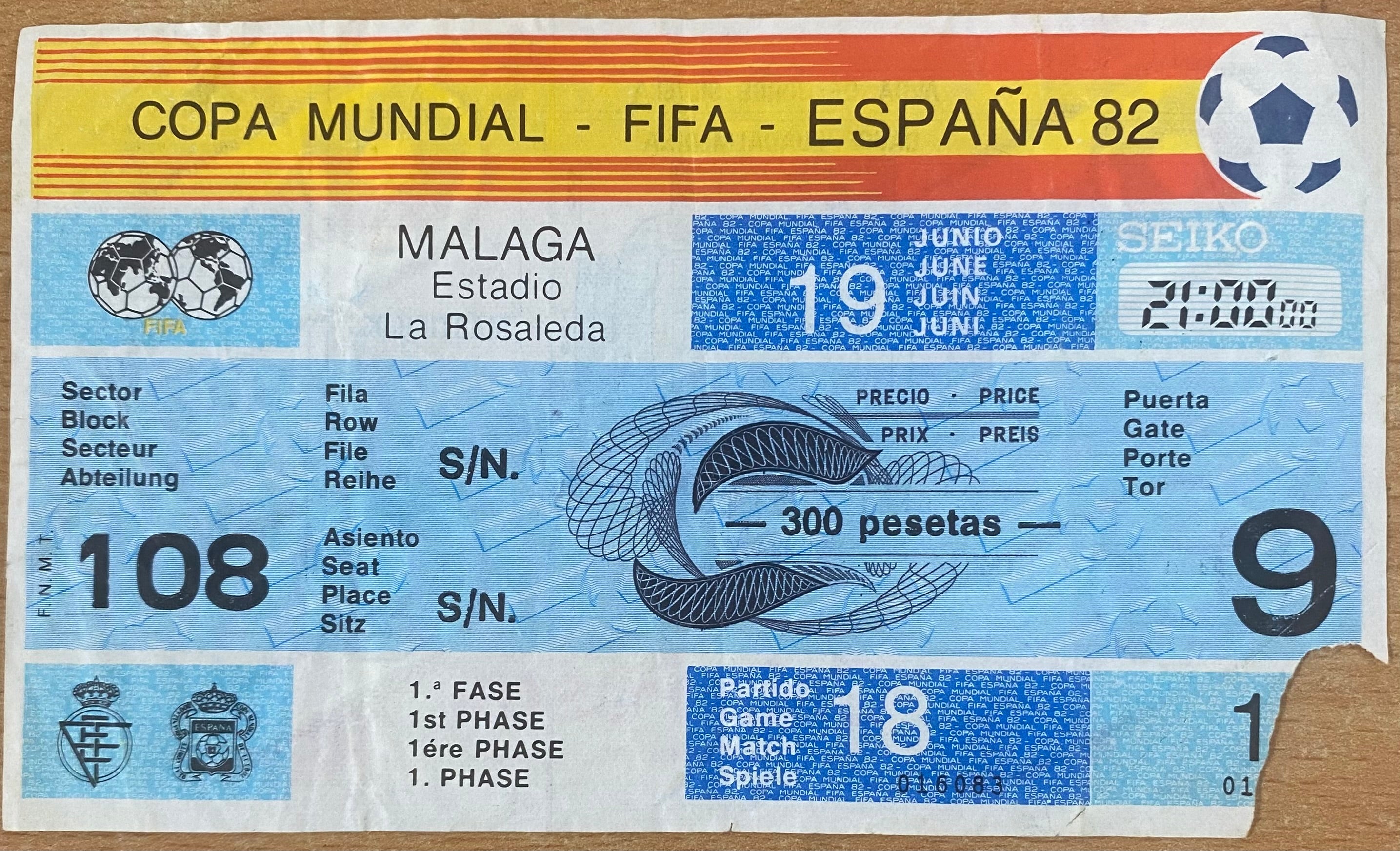 1982 ORIGINAL WORLD CUP 1ST ROUND TICKET SOVIET UNION V NEW ZEALAND @ MALAGA