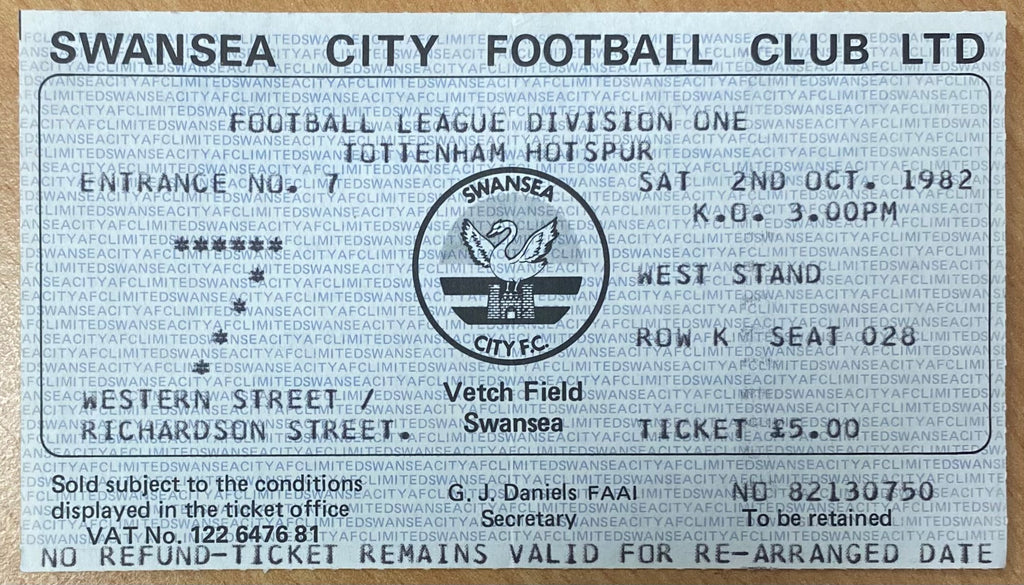 1982/83 ORIGINAL DIVISION ONE TICKET SWANSEA CITY V TOTTENHAM HOTSPUR
