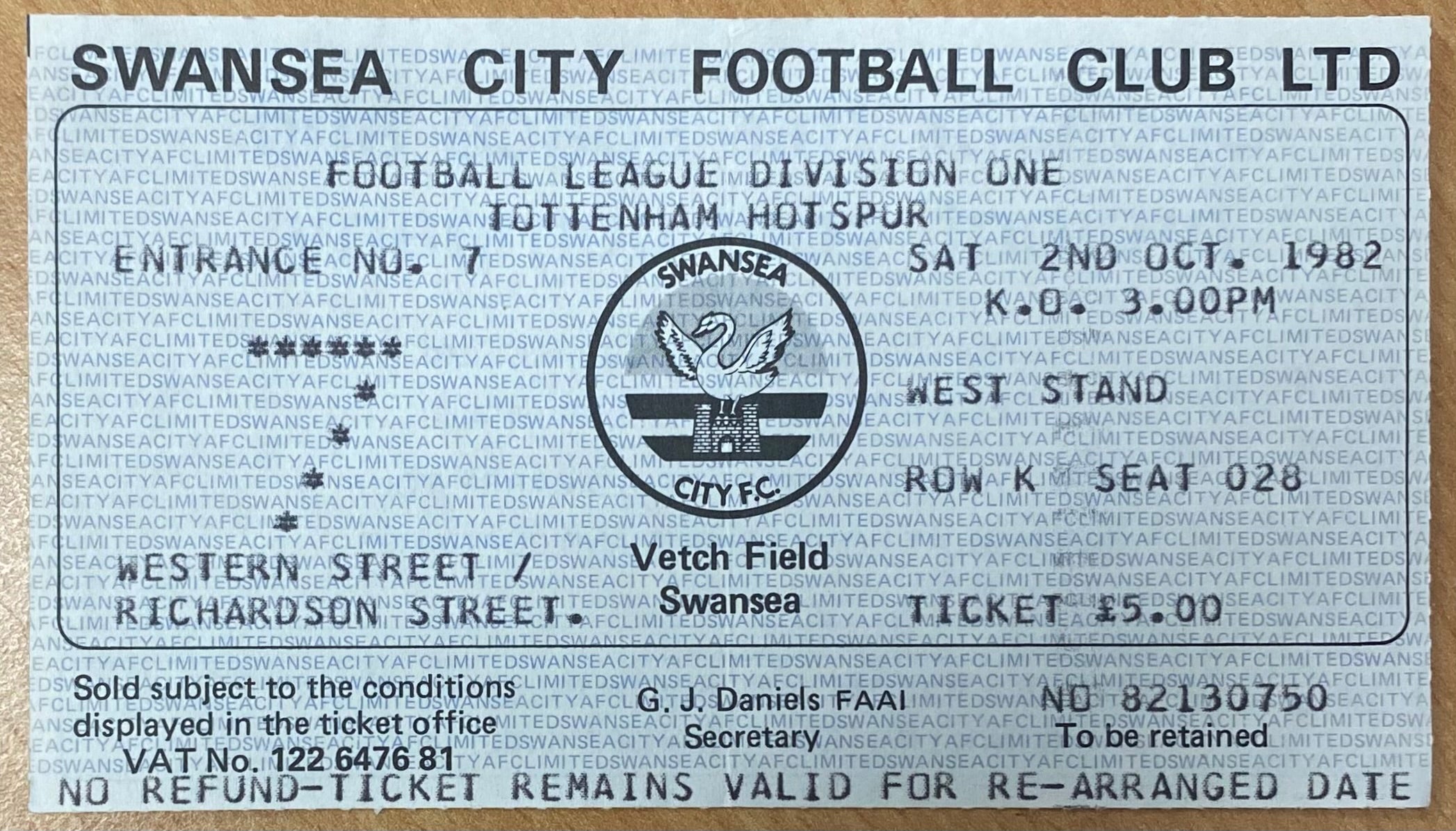1982/83 ORIGINAL DIVISION ONE TICKET SWANSEA CITY V TOTTENHAM HOTSPUR