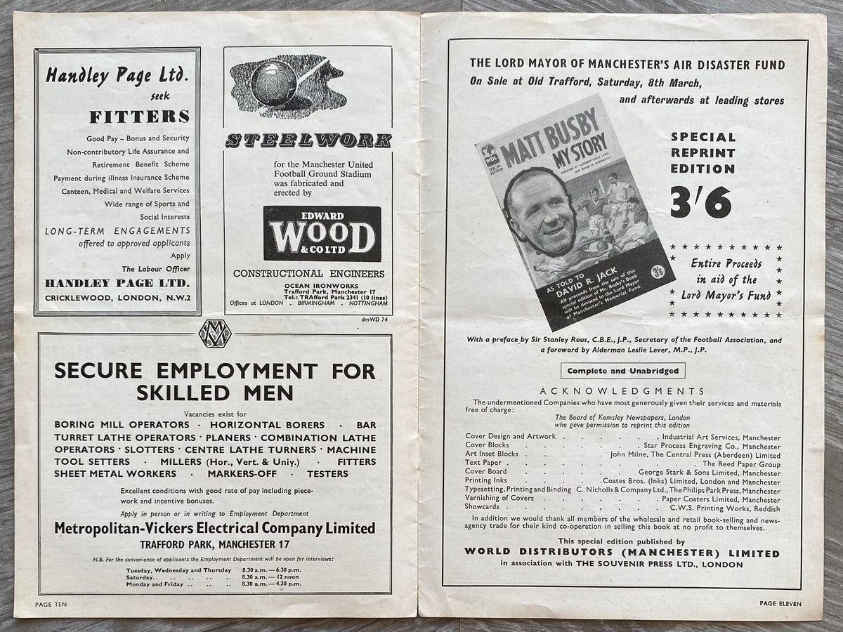 1957/58 ORIGINAL FA CUP 6TH ROUND REPLAY PROGRAMME MANCHESTER UNITED V WEST BROMWICH ALBION