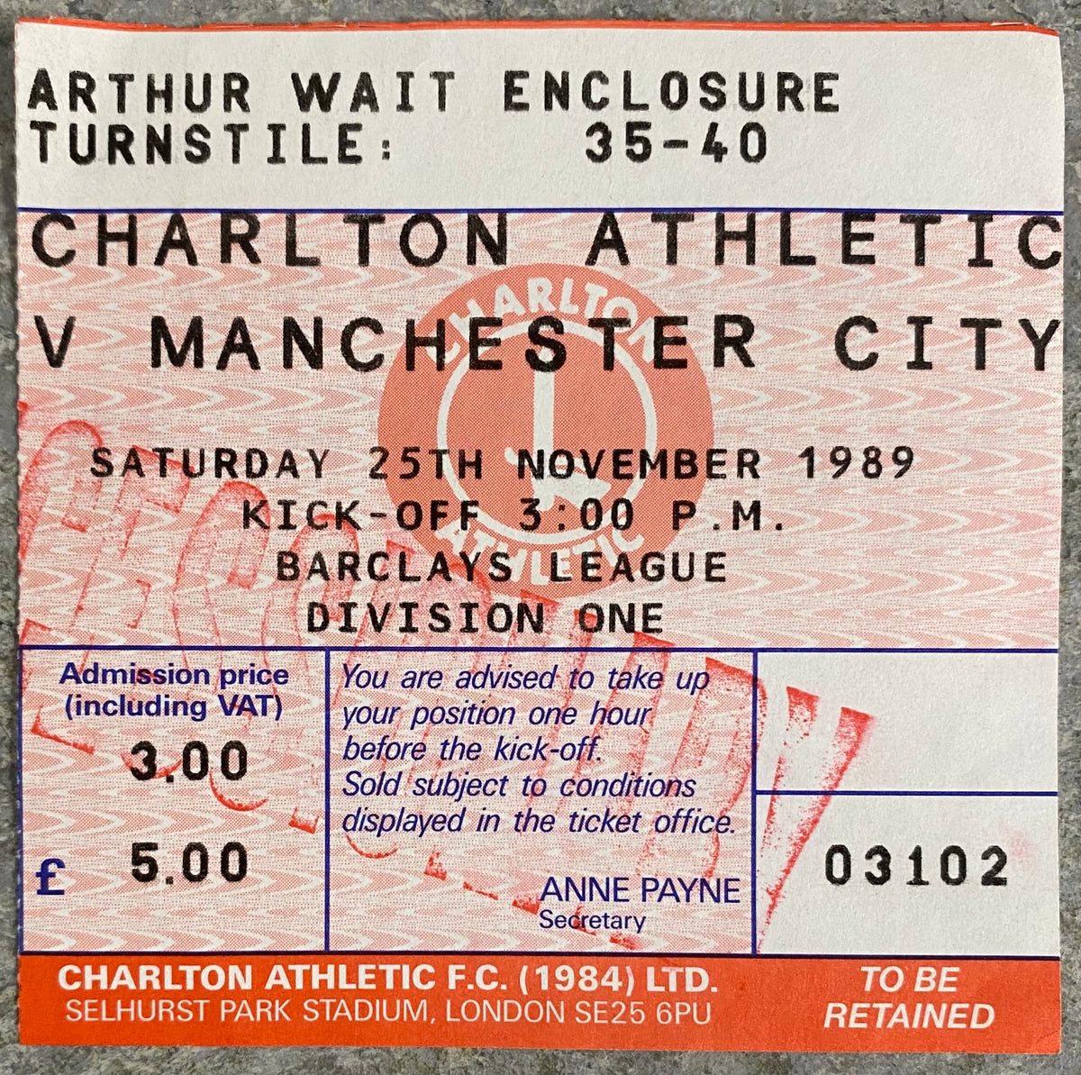1989/90 ORIGINAL DIVISION ONE TICKET CHARLTON ATHLETIC V MANCHESTER CITY