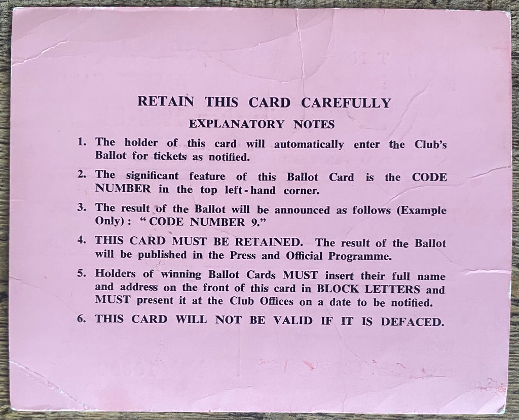 1983/84 ORIGINAL WEST HAM UNITED FA CUP BALLOT CARD