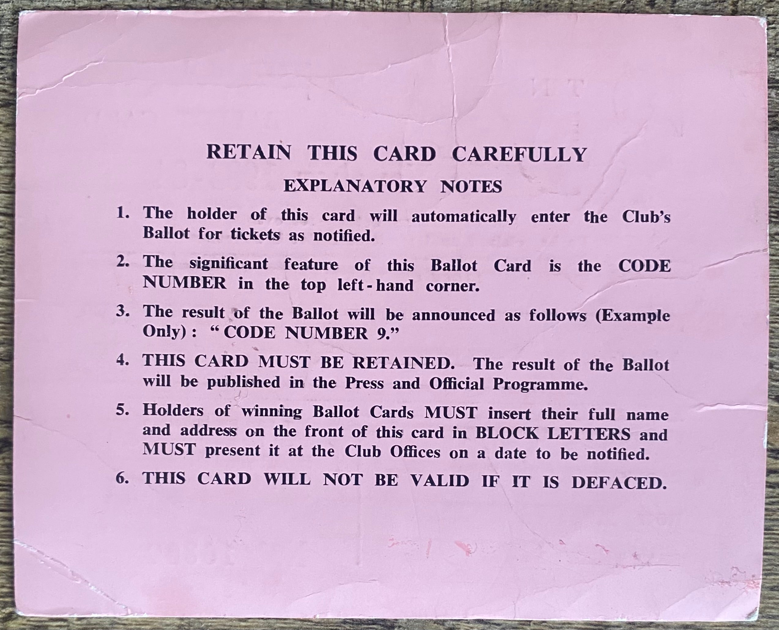 1983/84 ORIGINAL WEST HAM UNITED FA CUP BALLOT CARD