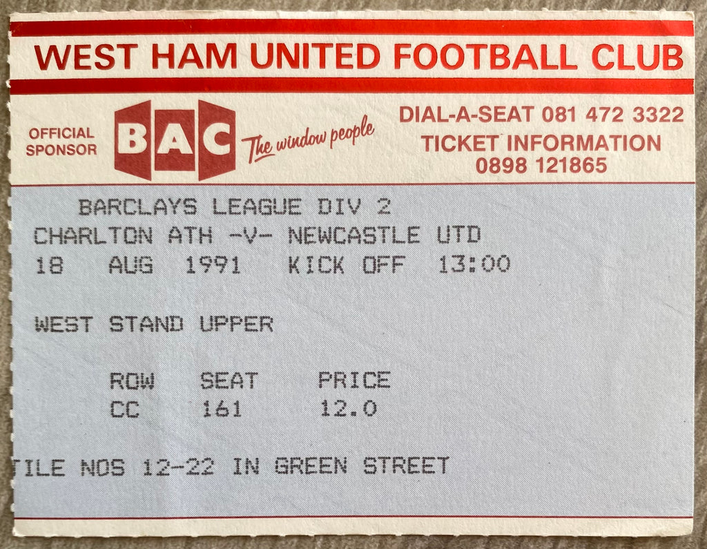 1991/92 ORIGINAL DIVISION 2 TICKET CHARLTON ATHLETIC V NEWCASTLE UNITED