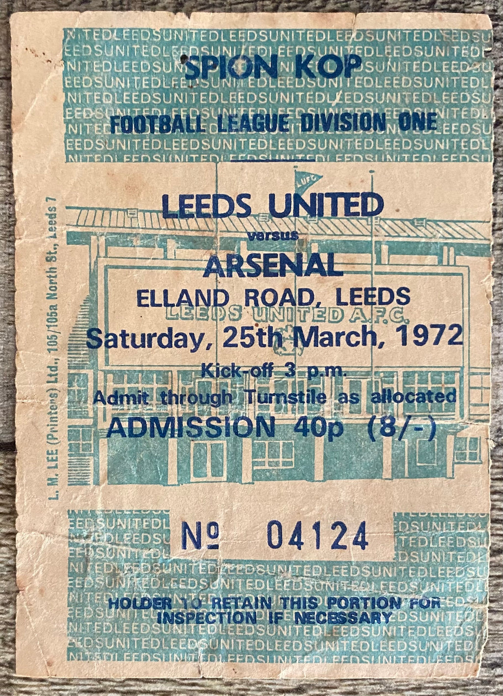 1971/72 ORIGINAL DIVISION ONE TICKET LEEDS UNITED V ARSENAL