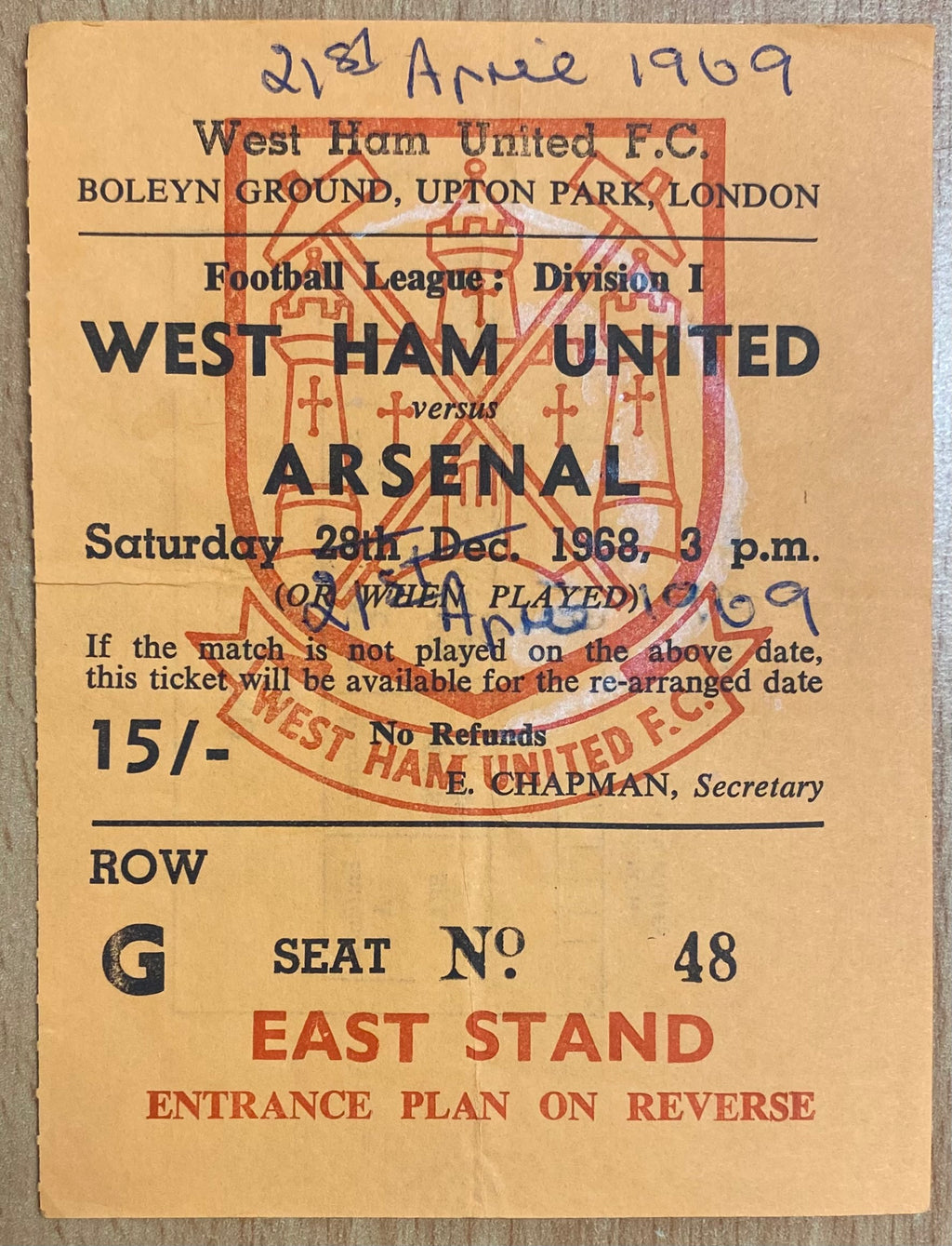 1968/69 ORIGINAL DIVISION 1 TICKET WEST HAM UNITED V ARSENAL