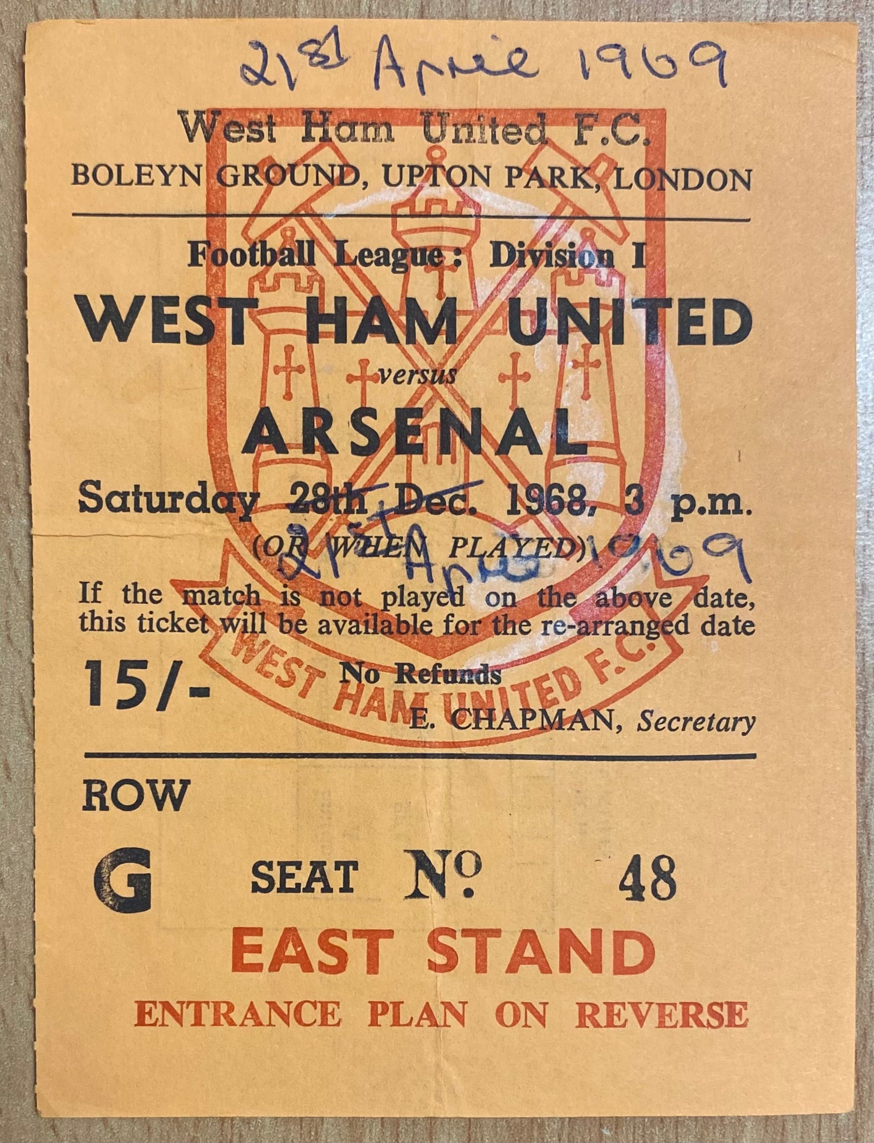 1968/69 ORIGINAL DIVISION 1 TICKET WEST HAM UNITED V ARSENAL