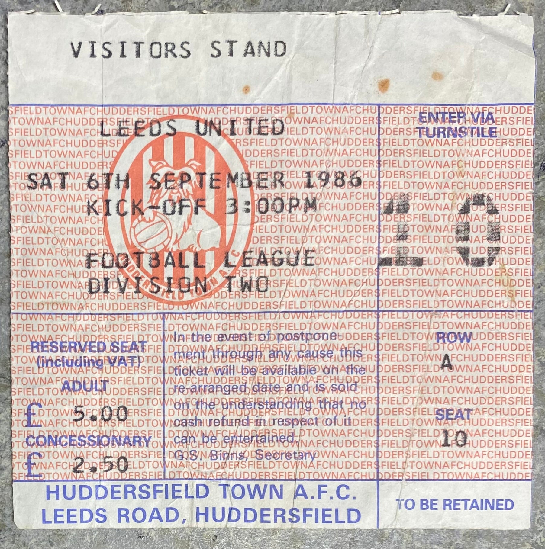 1986/87 ORIGINAL DIVISION TWO TICKET HUDDERSFIELD TOWN V LEEDS UNITED