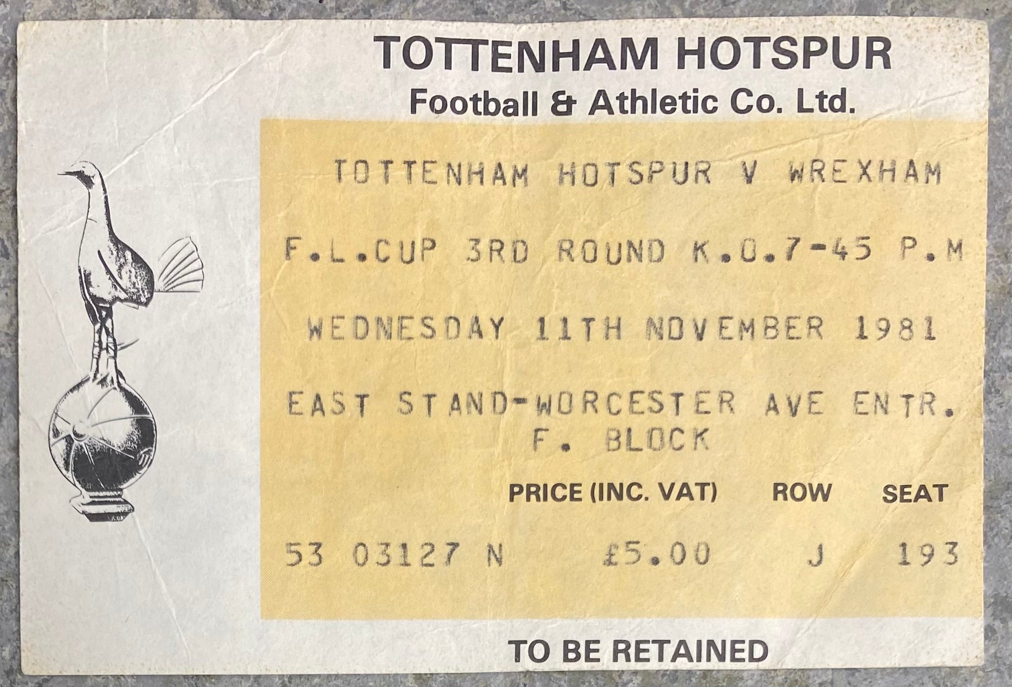 1981/82 ORIGINAL LEAGUE CUP 3RD ROUND TICKET TOTTENHAM HOTSPUR V WREXHAM