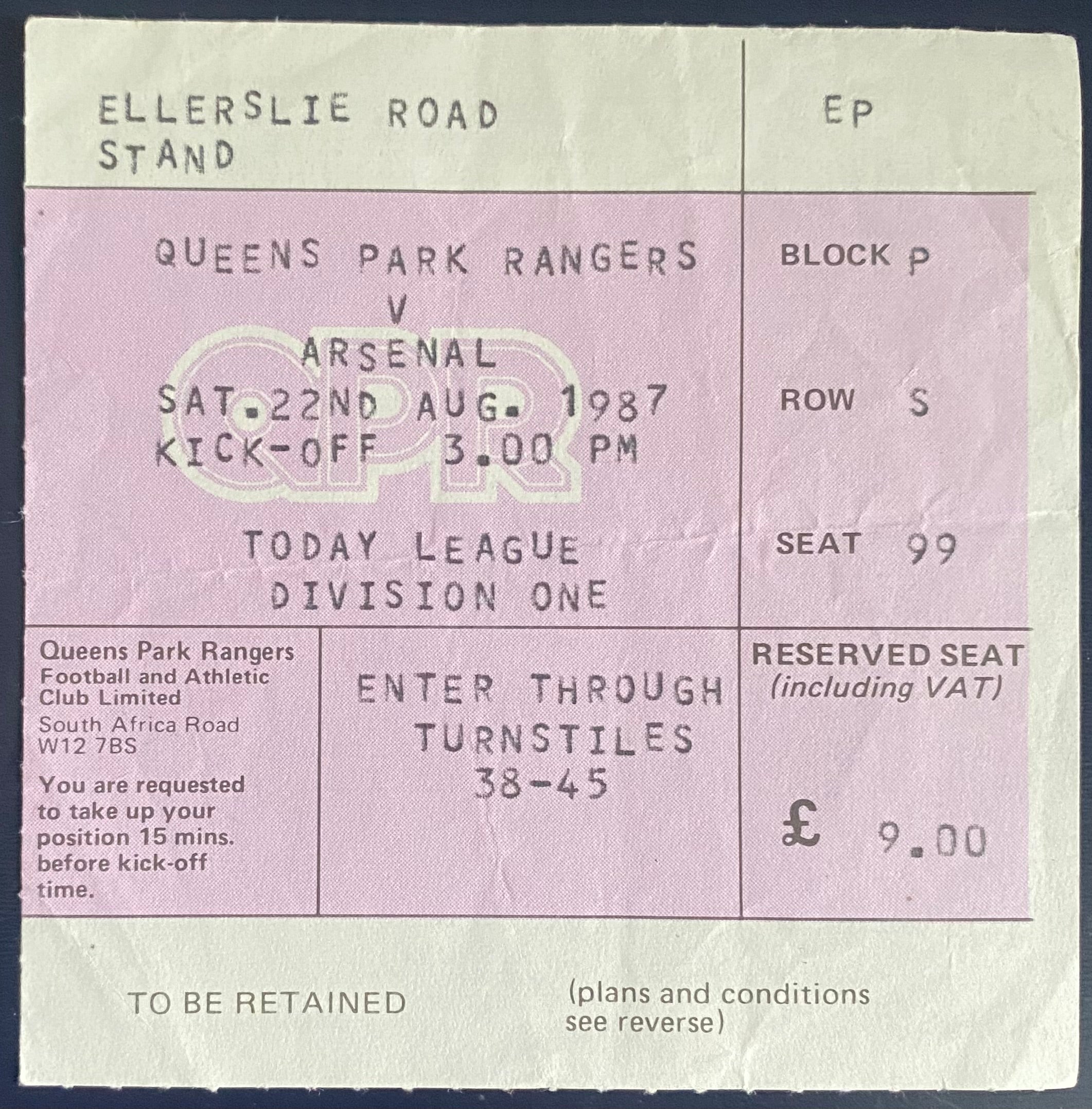 1987/88 ORIGINAL DIVISION 1 TICKET QUEENS PARK RANGERS V ARSENAL