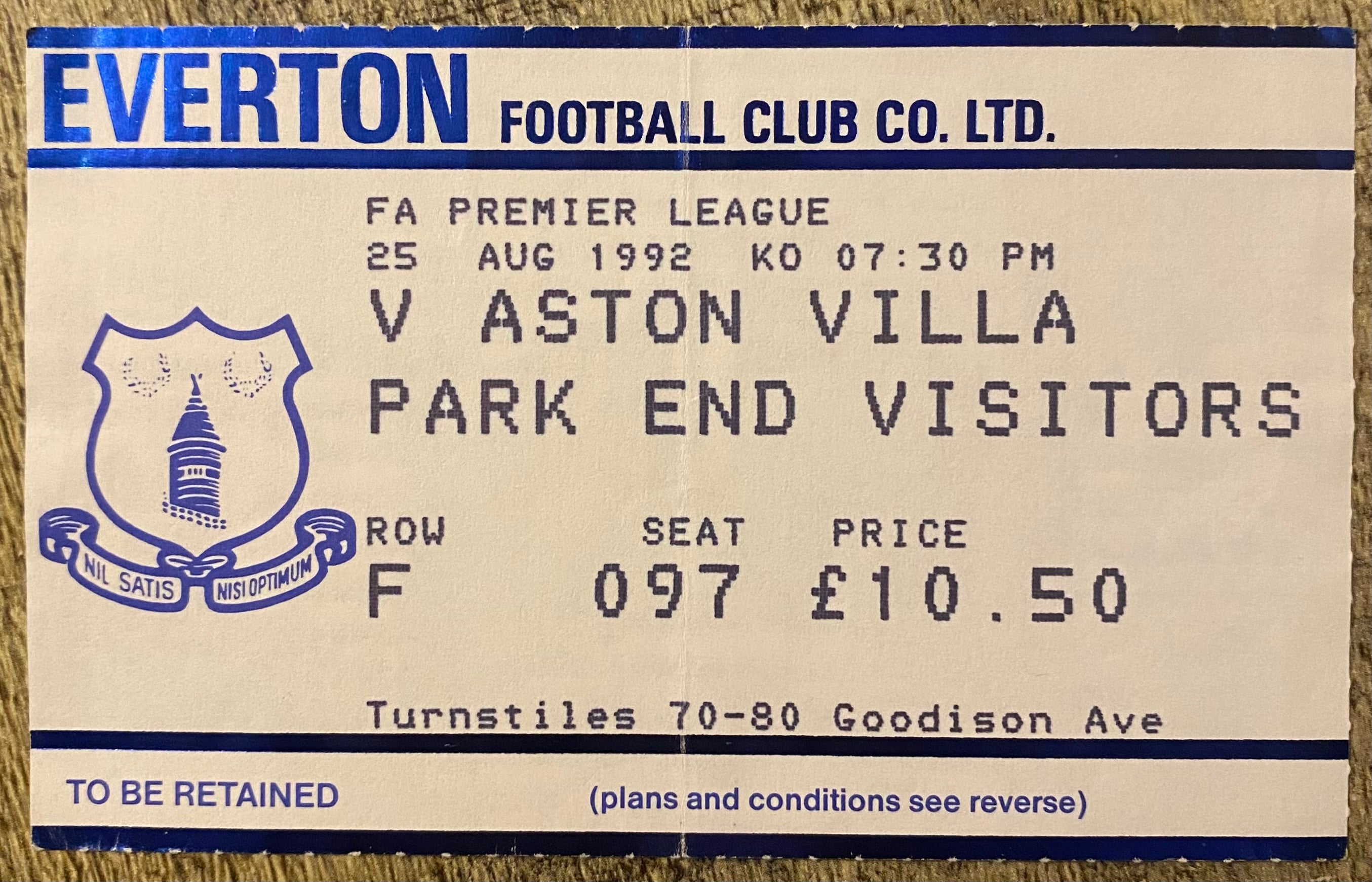 1992/93 ORIGINAL PREMIER LEAGUE TICKET EVERTON V ASTON VILLA