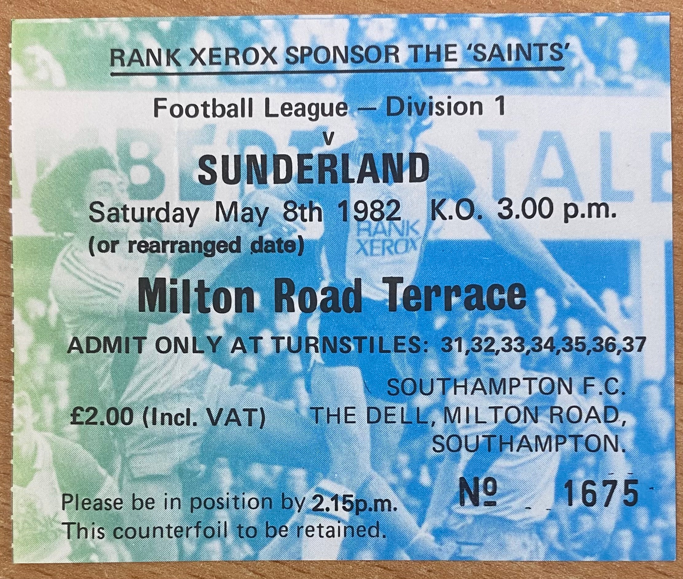 1981/82 ORIGINAL DIVISION ONE TICKET SOUTHAMPTON V SUNDERLAND