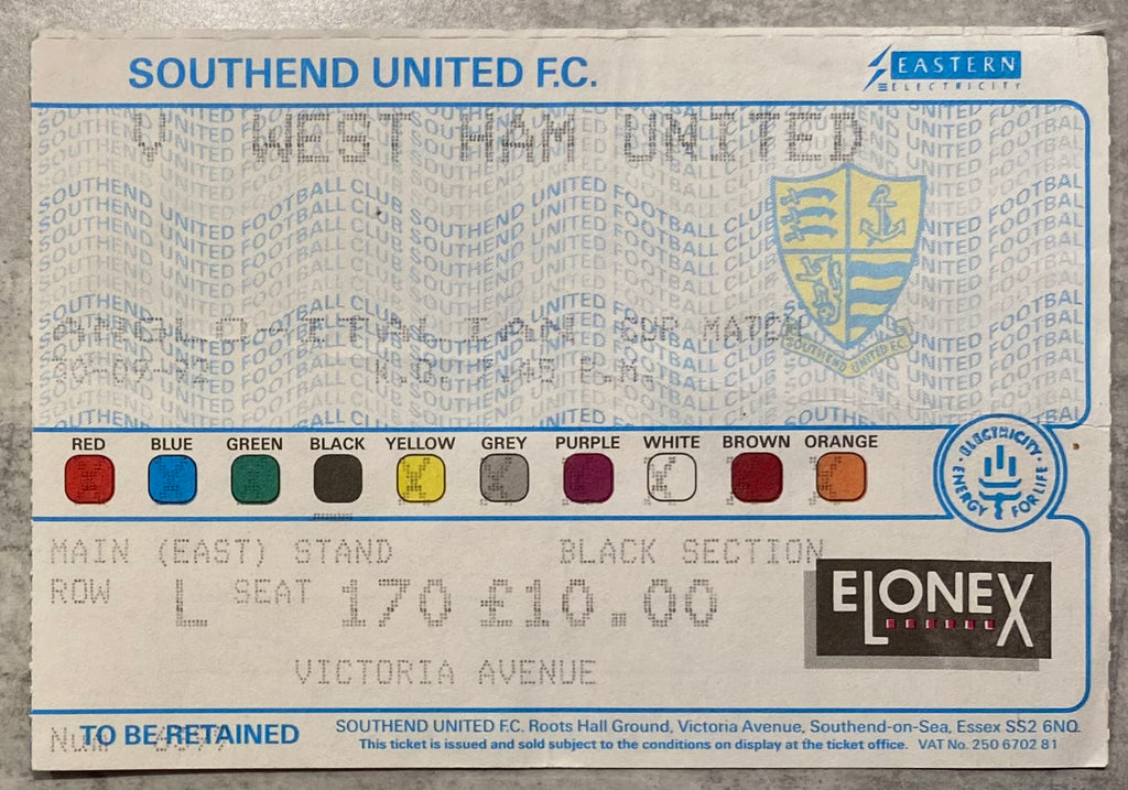 1992/93 ORIGINAL ANGLO ITALIAN CUP TICKET SOUTHEND UNITED V WEST HAM UNITED