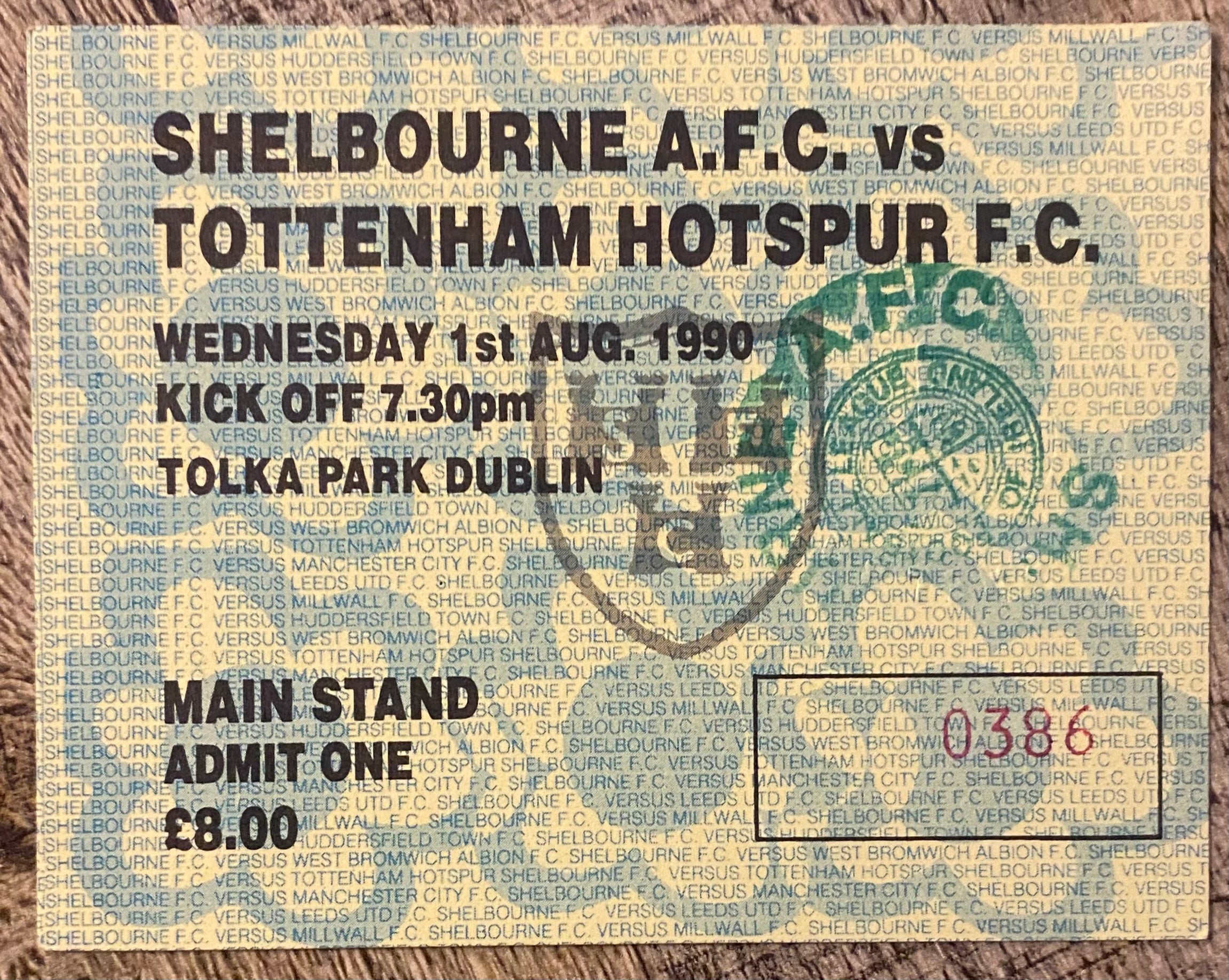 1990 ORIGINAL FRIENDLY TICKET SHELBOURNE V TOTTENHAM HOTSPUR