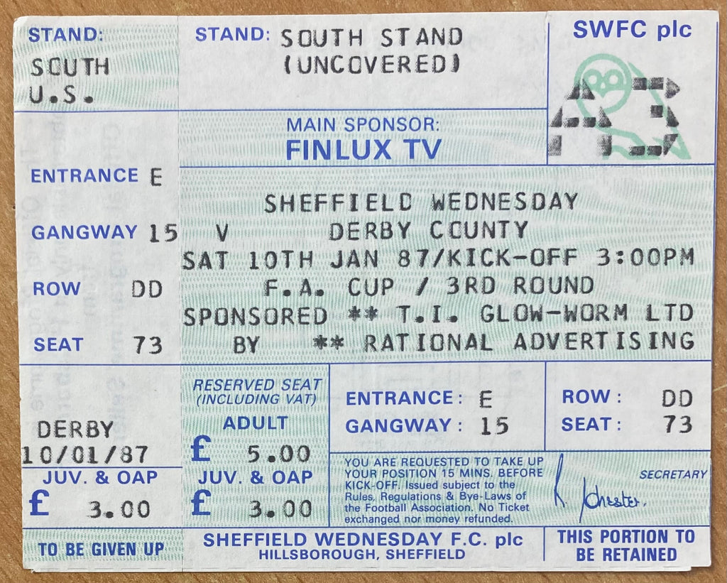 1986/87 ORIGINAL FA CUP 3RD ROUND UNUSED TICKET SHEFFIELD WEDNESDAY V DERBY COUNTY