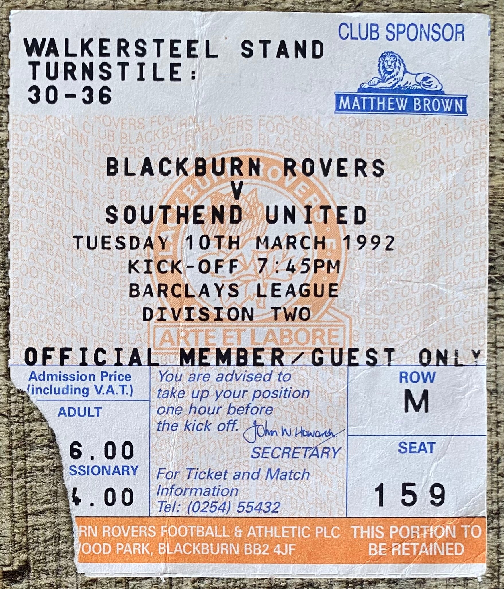1991/92 ORIGINAL DIVISION 2 TICKET BLACKBURN ROVERS V SOUTHEND UNITED