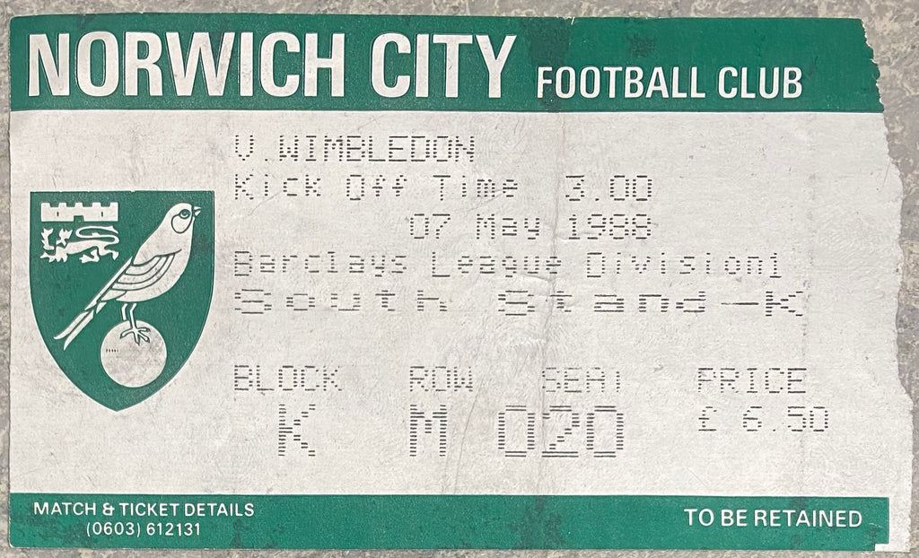 1987/88 ORIGINAL DIVISION ONE TICKET NORWICH CITY V WIMBLEDON