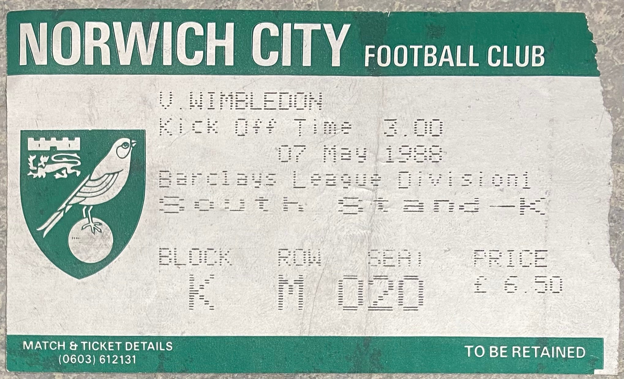 1987/88 ORIGINAL DIVISION ONE TICKET NORWICH CITY V WIMBLEDON