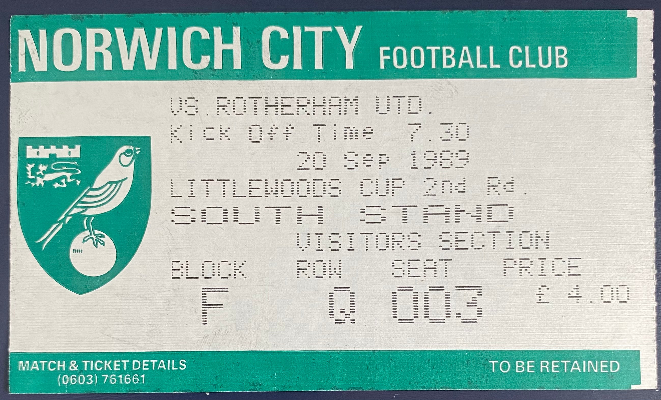 1989/90 ORIGINAL LITTLEWOODS CUP 2ND ROUND 1ST LEG TICKET NORWICH CITY V ROTHERHAM UNITED