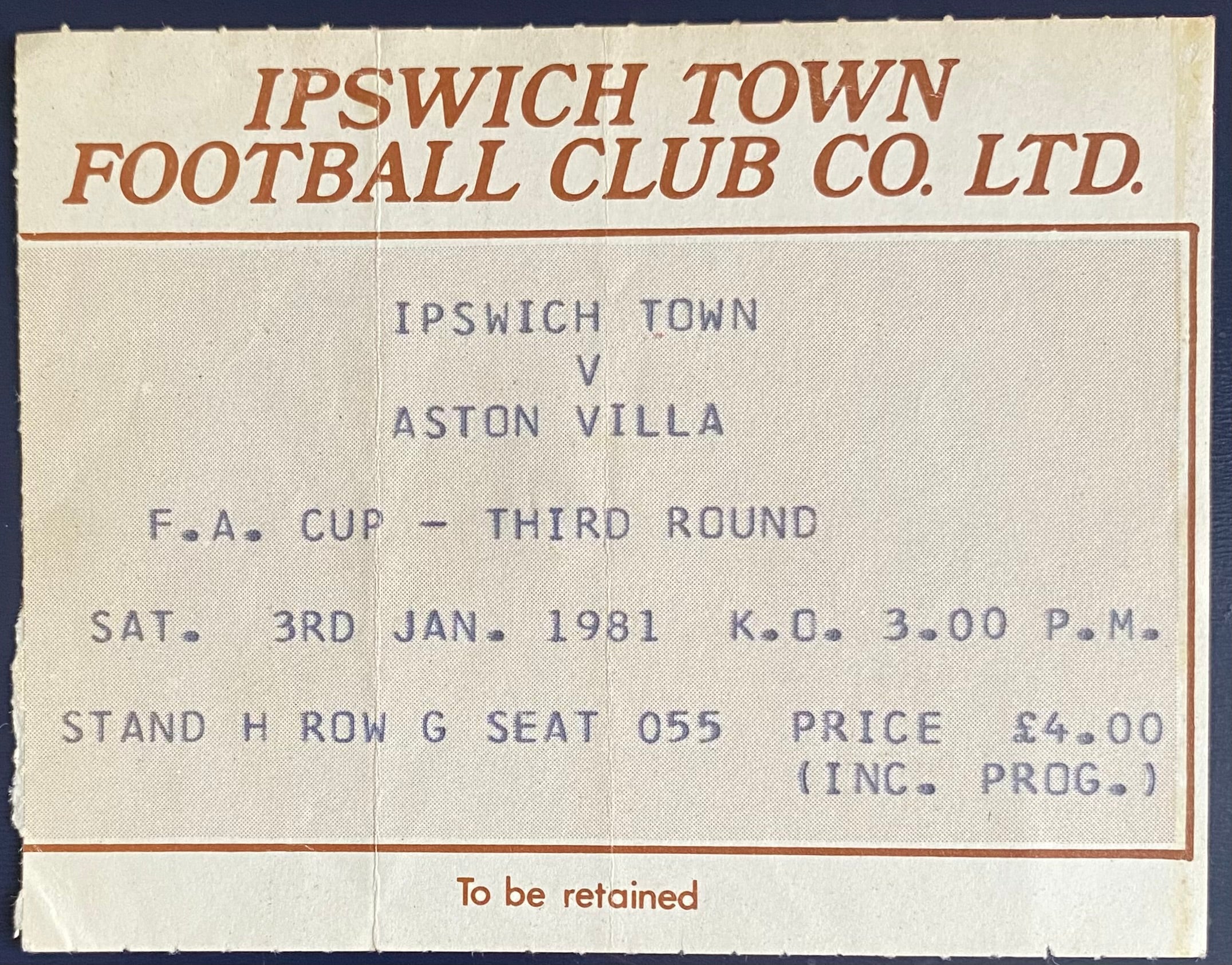 1980/81 ORIGINAL FA CUP 3RD ROUND TICKET IPSWICH TOWN V ASTON VILLA