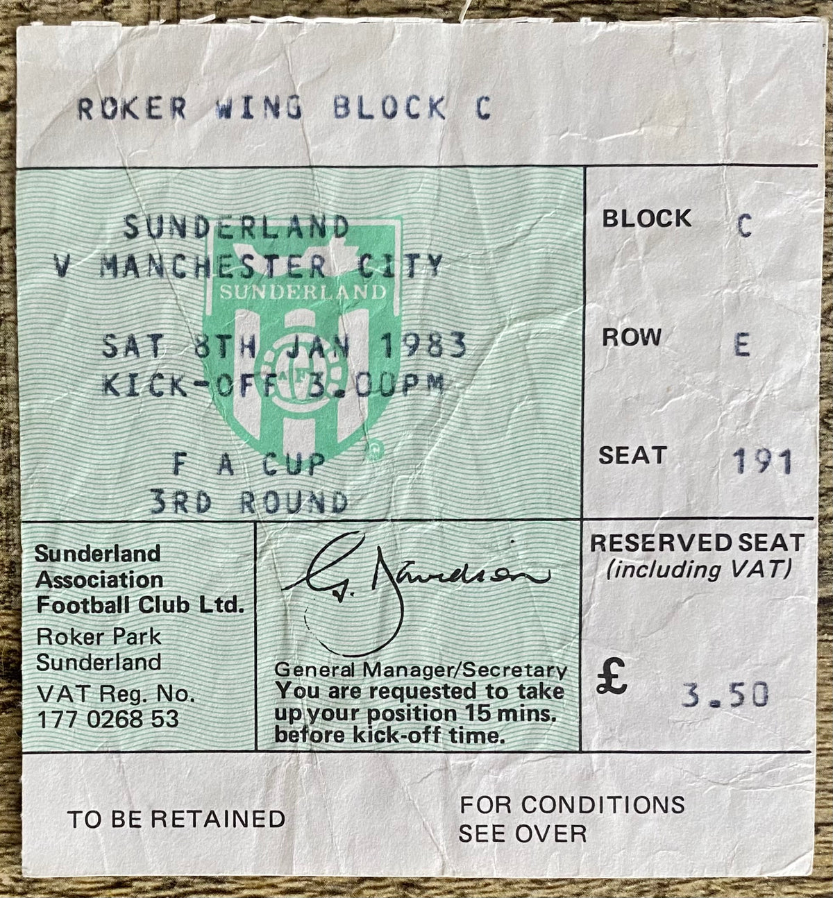 1983/84 ORIGINAL FA CUP 3RD ROUND TICKET SUNDERLAND V MANCHESTER CITY