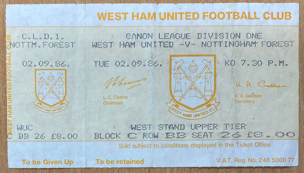 1986/87 ORIGINAL DIVISION ONE UNUSED TICKET WEST HAM UNITED V NOTTINGHAM FOREST