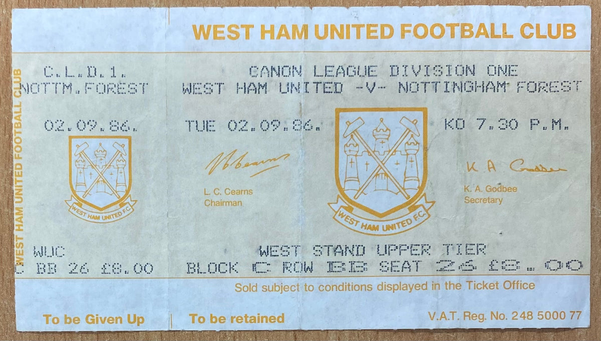 1986/87 ORIGINAL DIVISION ONE UNUSED TICKET WEST HAM UNITED V NOTTINGHAM FOREST