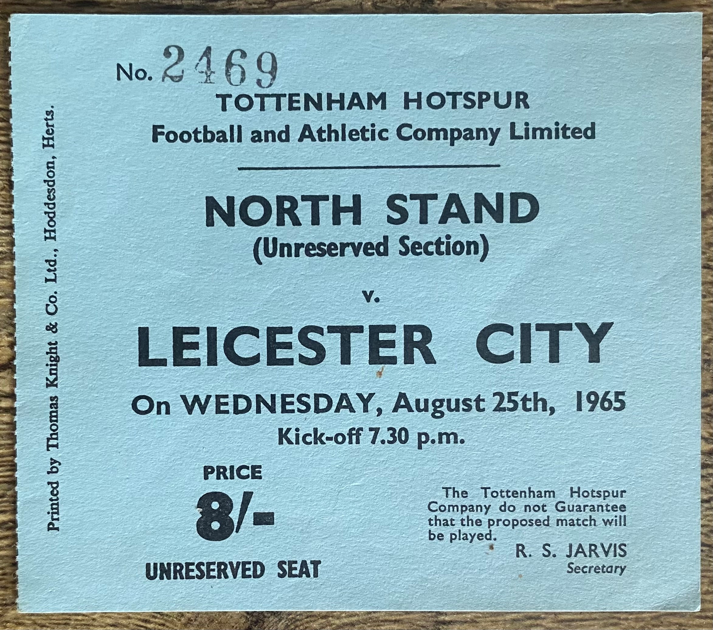1965/66 ORIGINAL DIVISION ONE TICKET TOTTENHAM HOTSPUR V LEICESTER CITY