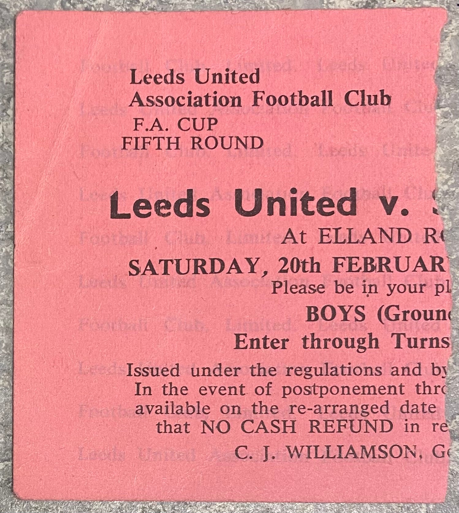 1964/65 ORIGINAL FA CUP 5TH ROUND TICKET LEEDS UNITED V SHREWSBURY TOWN