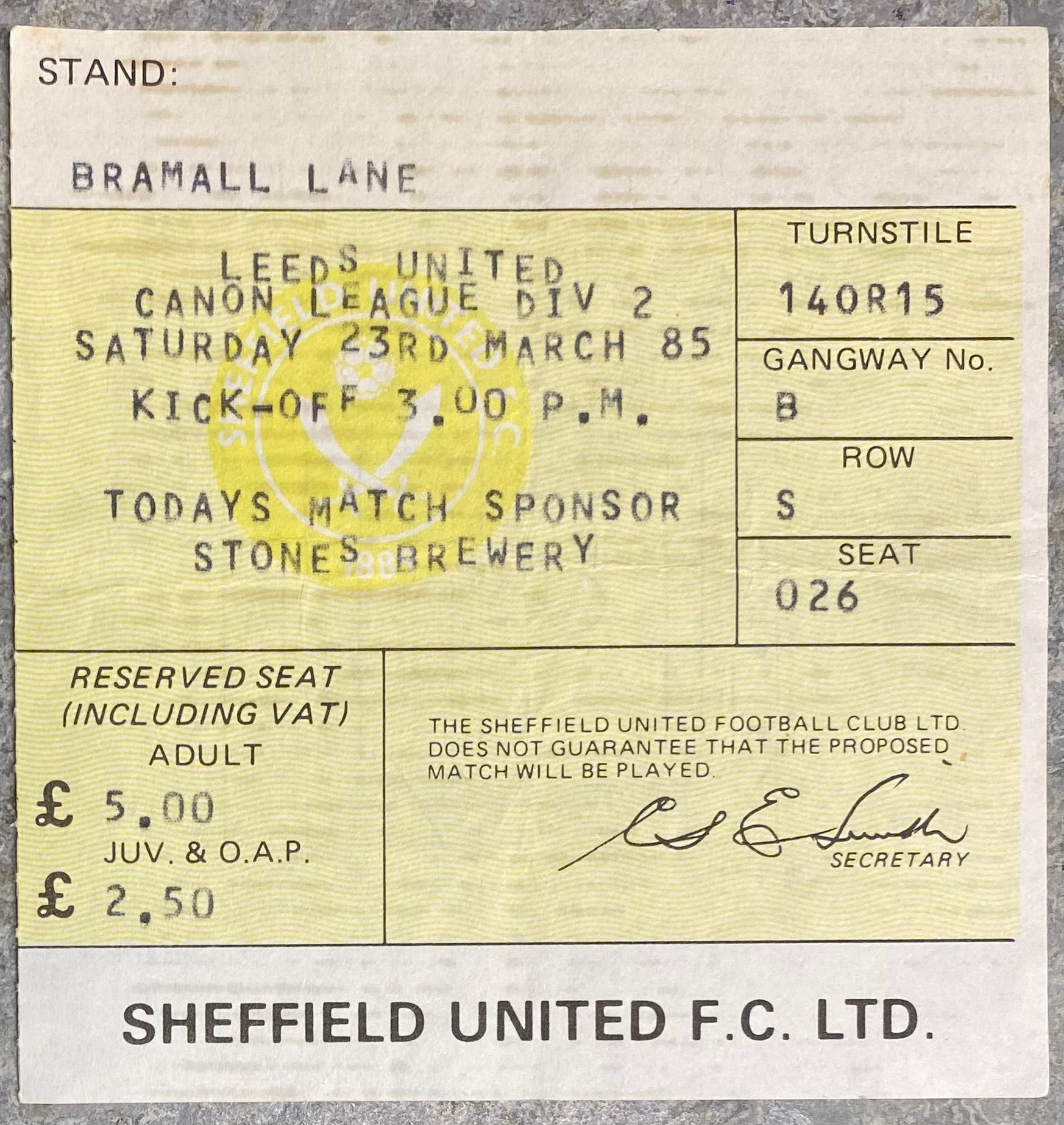 1984/85 ORIGINAL DIVISION TWO TICKET SHEFFIELD UNITED V LEEDS UNITED