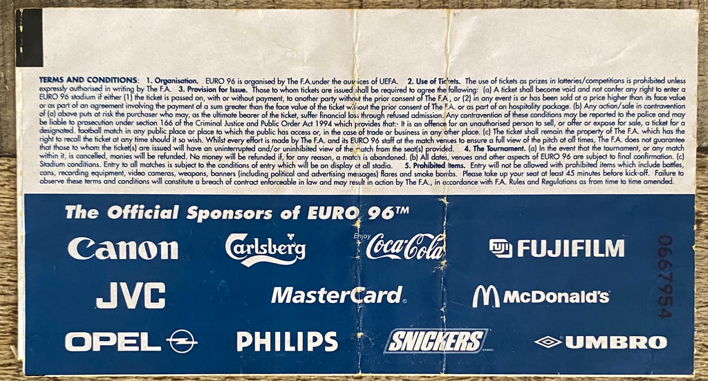 1996 ORIGINAL EUROPEAN CHAMPIONSHIPS EURO 96 TICKET ENGLAND V NETHERLANDS @ WEMBLEY