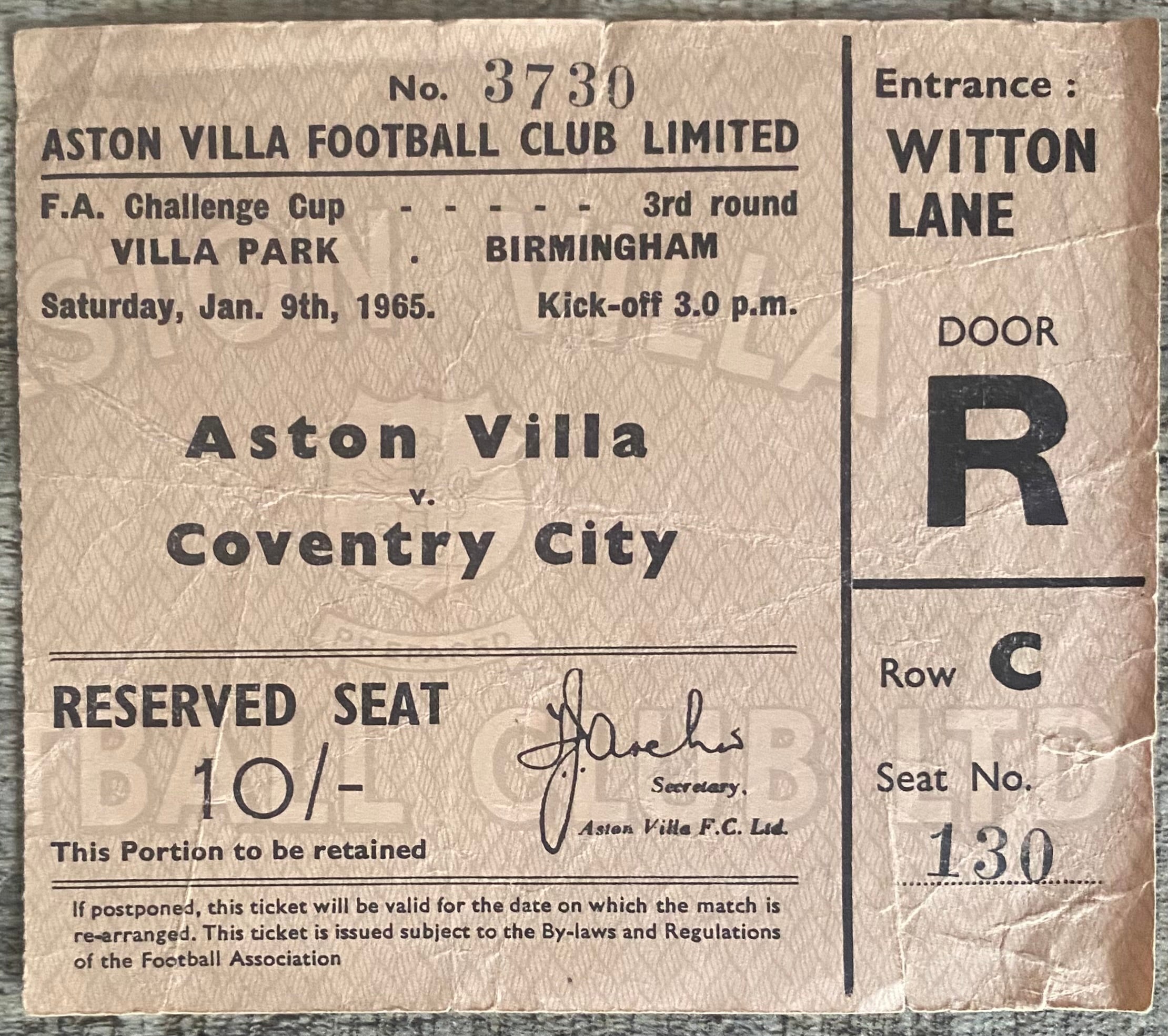 1964/65 ORIGINAL FA CUP 3RD ROUND TICKET ASTON VILLA V COVENTRY CITY