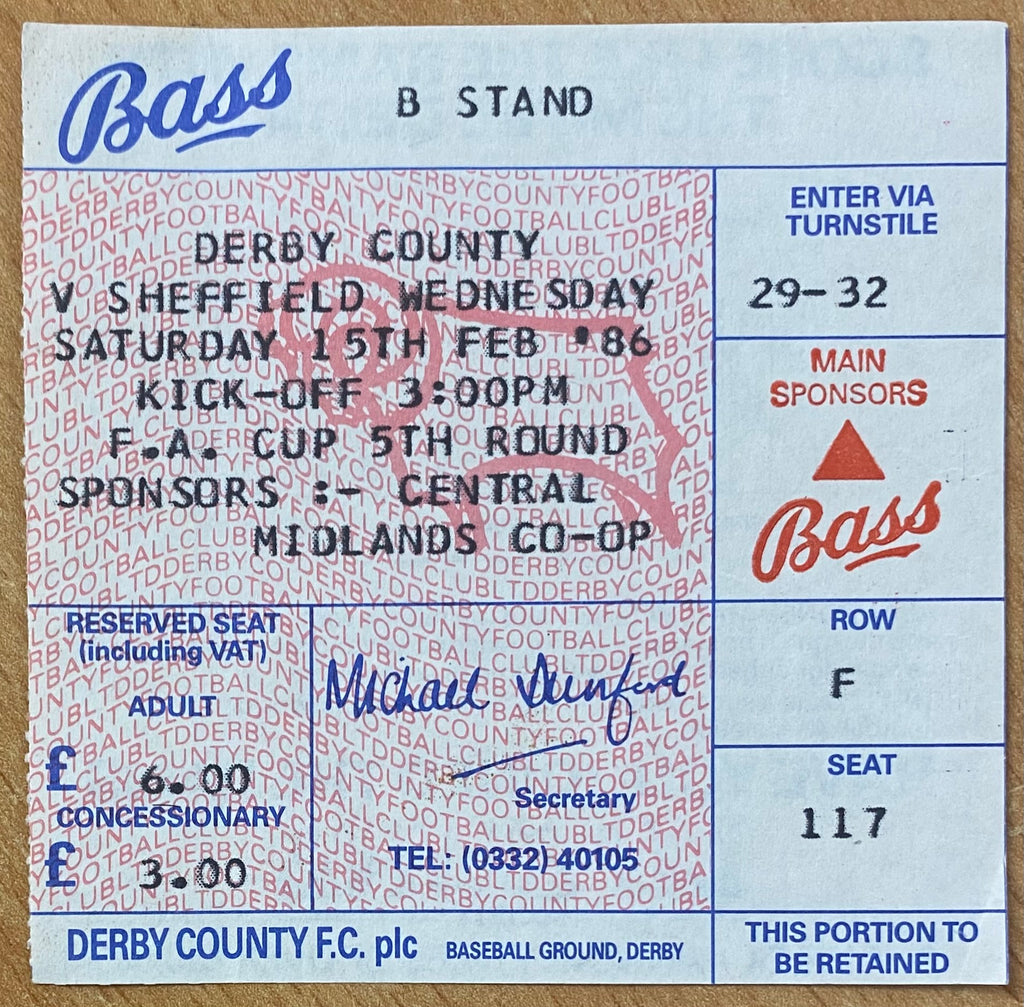 1985/86 ORIGINAL FA CUP 5TH ROUND TICKET DERBY COUNTY V SHEFFIELD WEDNESDAY