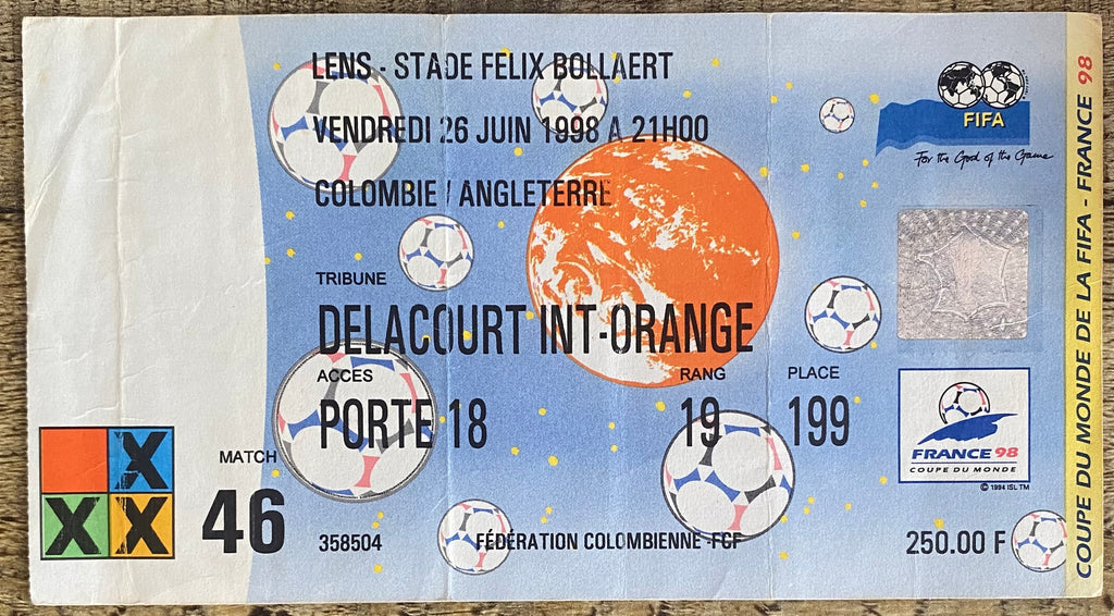 1998 ORIGINAL WORLD CUP 1ST ROUND TICKET ENGLAND V COLOMBIA @ LENS
