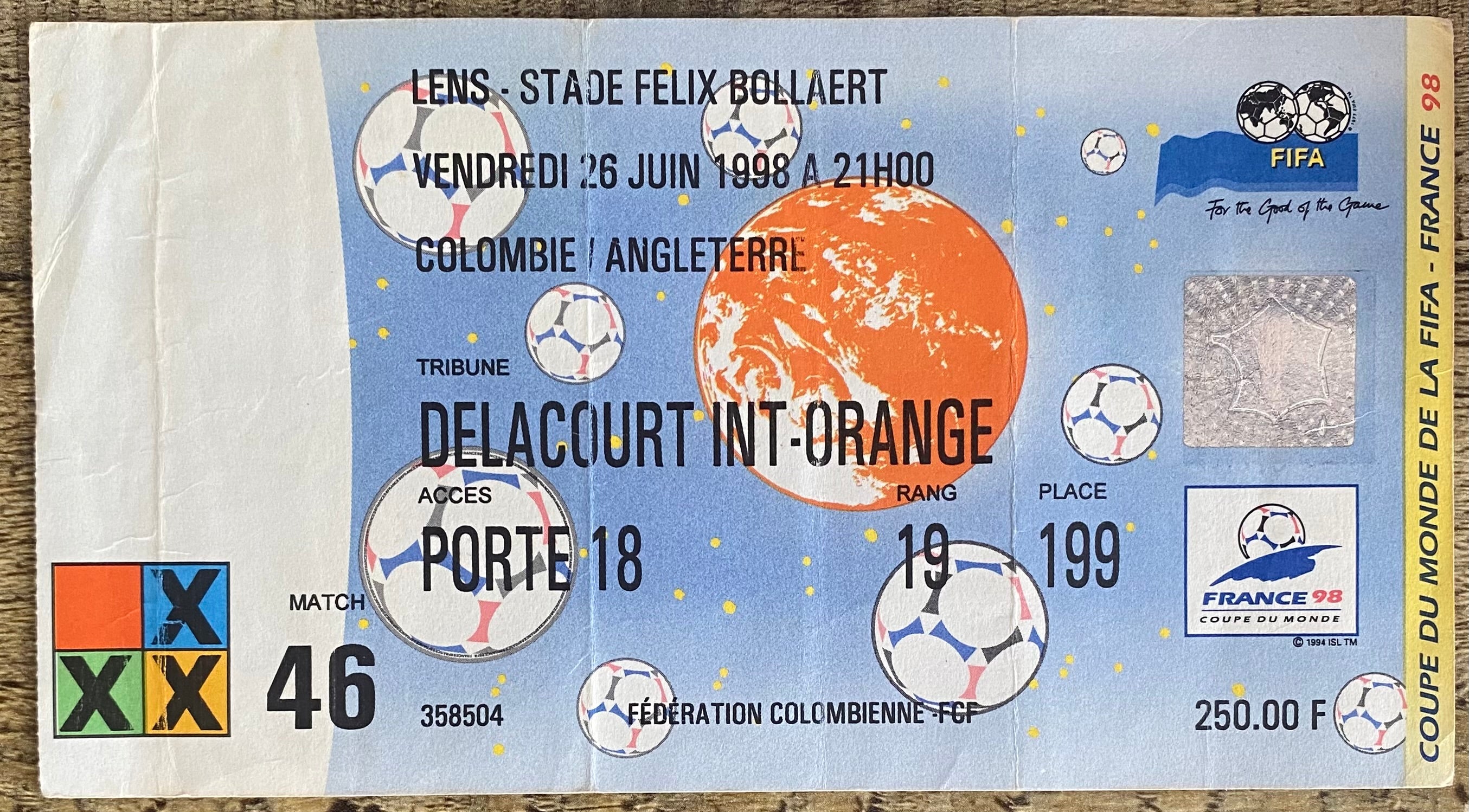 1998 ORIGINAL WORLD CUP 1ST ROUND TICKET ENGLAND V COLOMBIA @ LENS