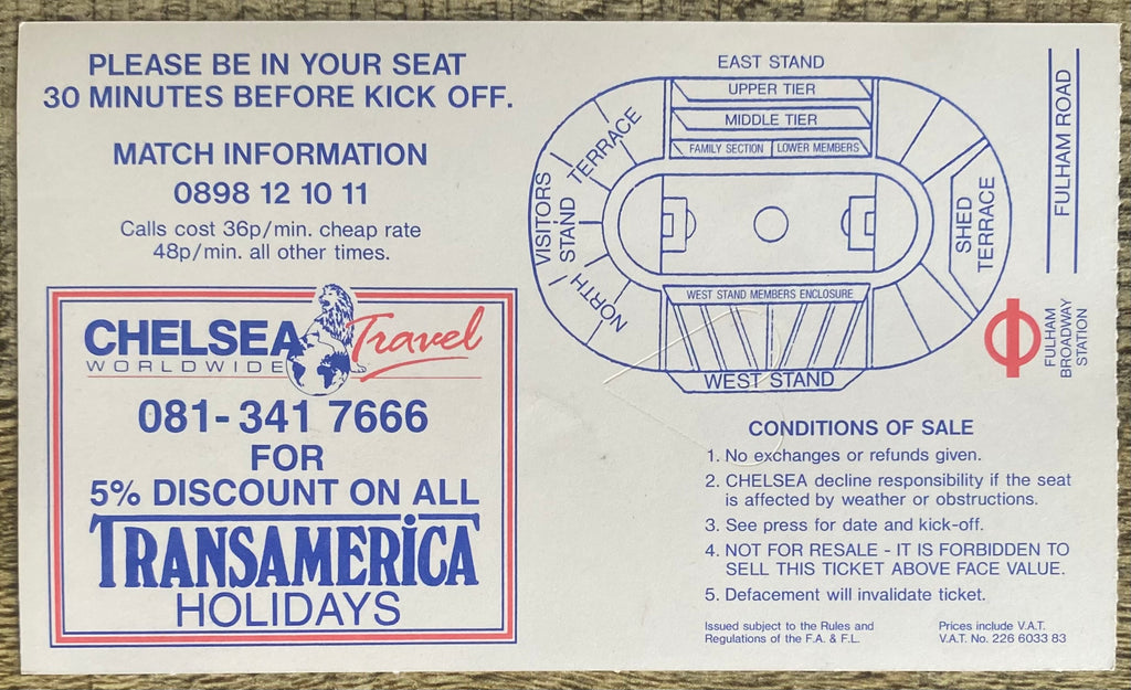 1991/92 ORIGINAL DIVISION ONE TICKET CHELSEA V TOTTENHAM HOTSPUR
