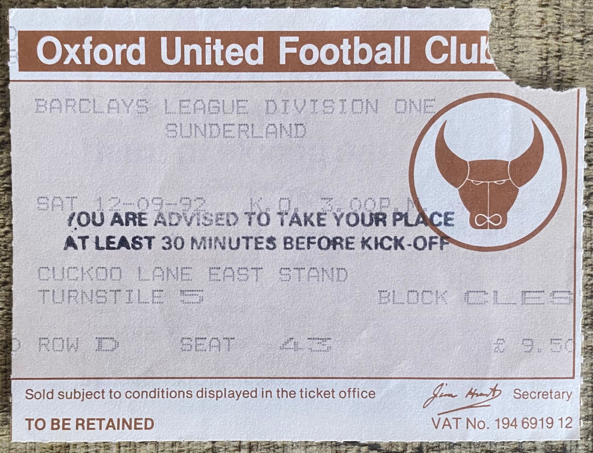 1992/93 ORIGINAL DIVISION 1 TICKET OXFORD UNITED V SUNDERLAND