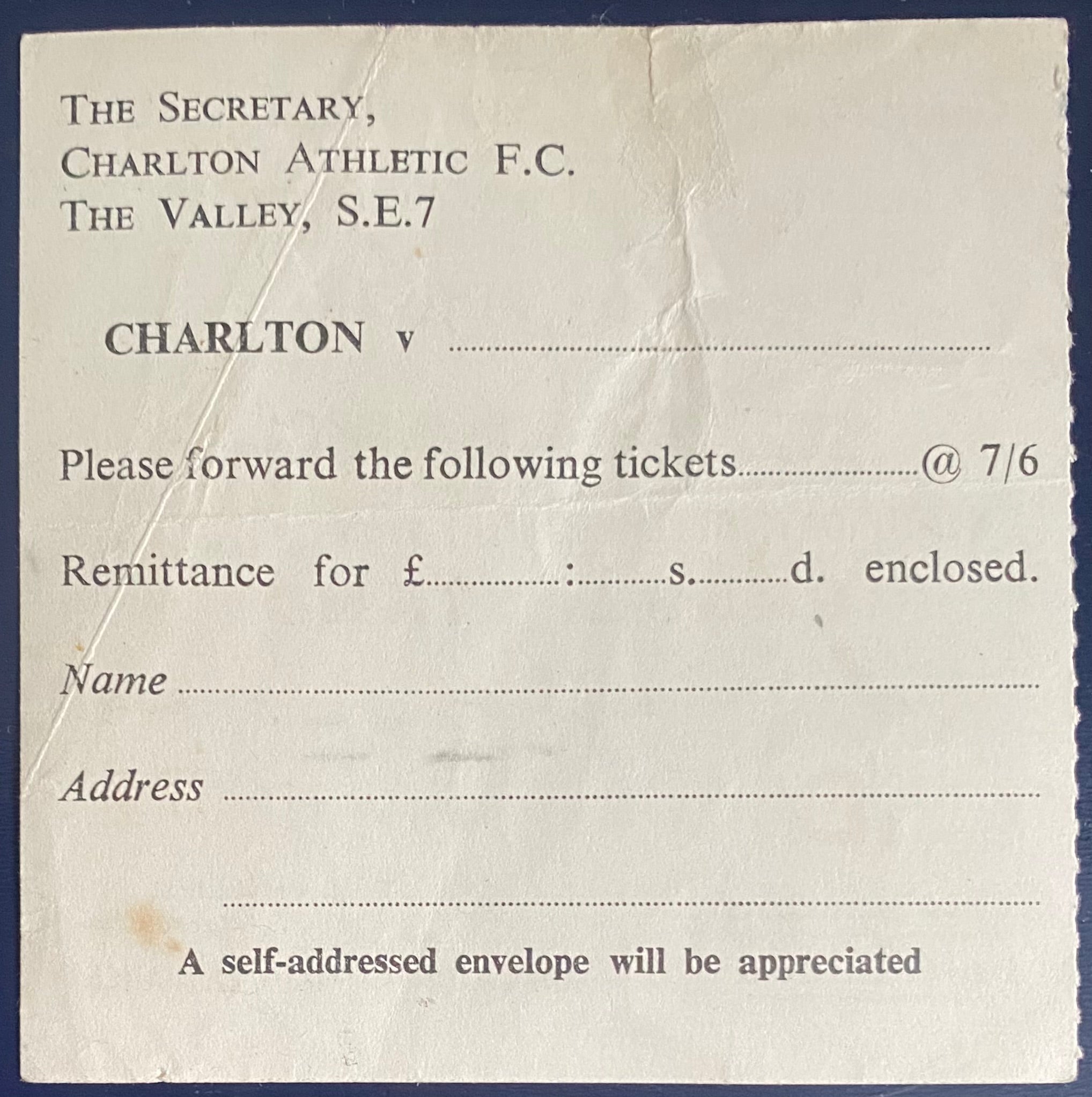 1963/64 ORIGINAL DIVISION 2 TICKET CHARLTON ATHLETIC V SUNDERLAND