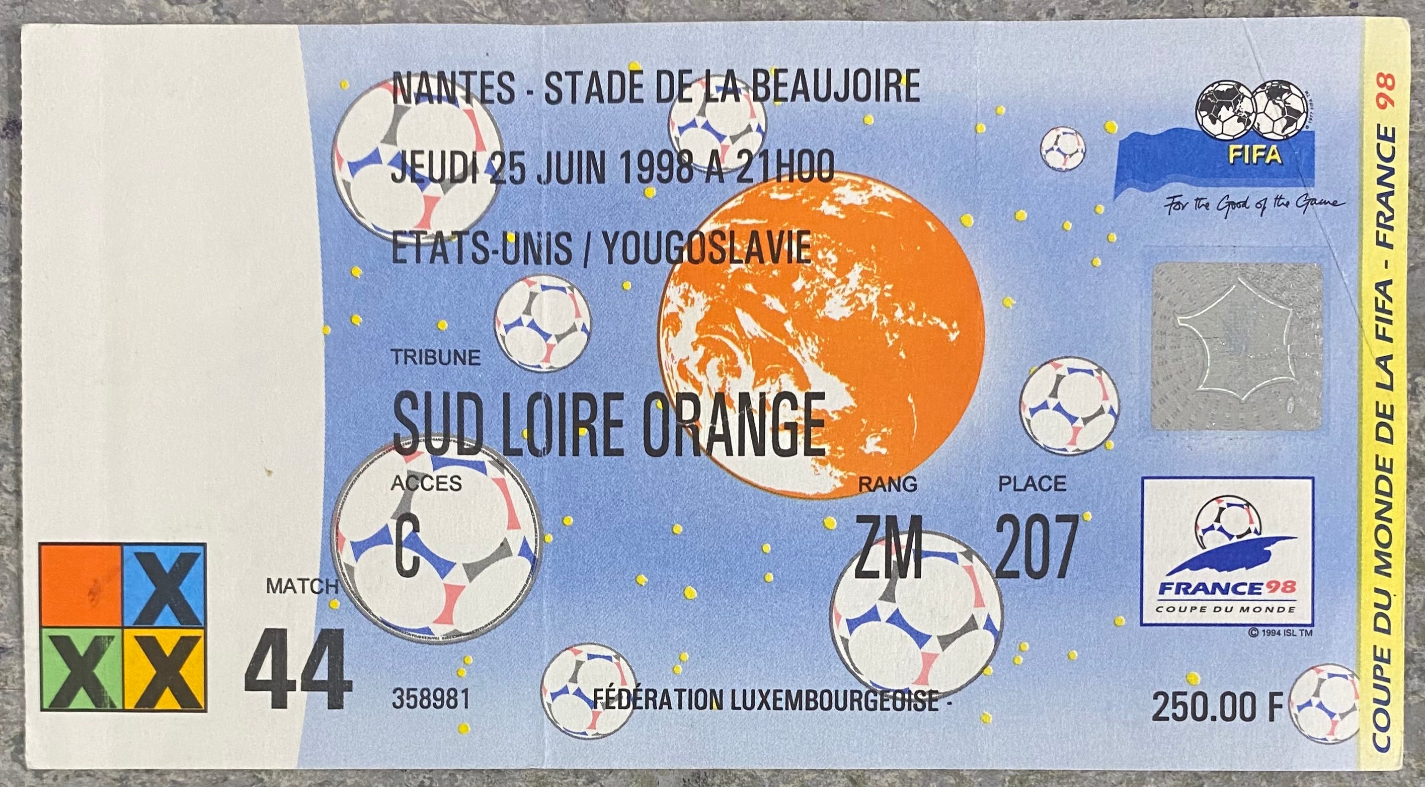 1998 ORIGINAL WORLD CUP 1ST ROUND TICKET UNITED STATES V YUGOSLAVIA @ NANTES