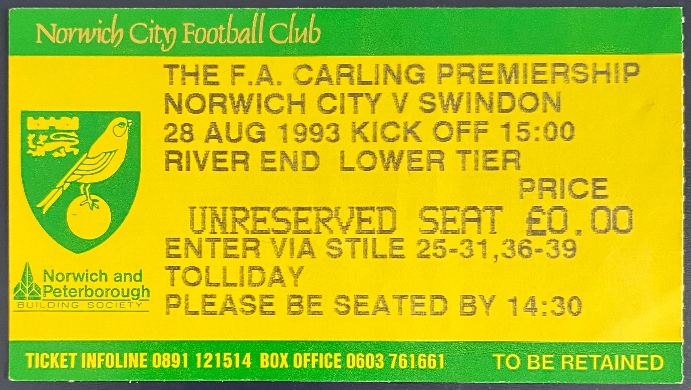 1993/94 ORIGINAL FA PREMIERSHIP TICKET NORWICH CITY V SWINDON TOWN