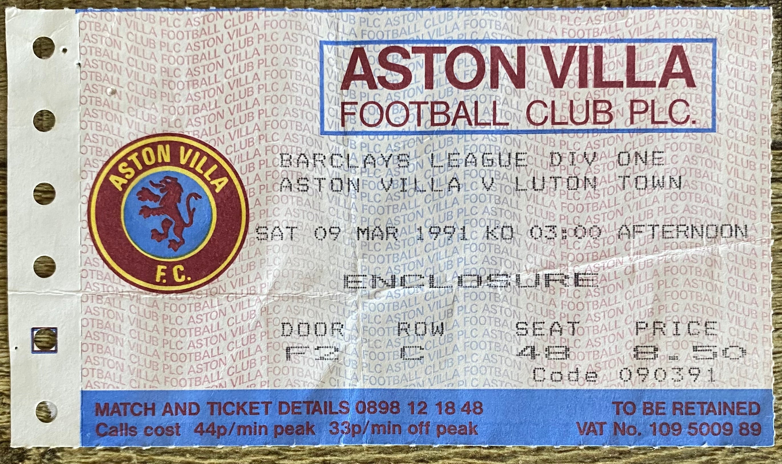1990/91 ORIGINAL DIVISION 1 TICKET ASTON VILLA V LUTON TOWN