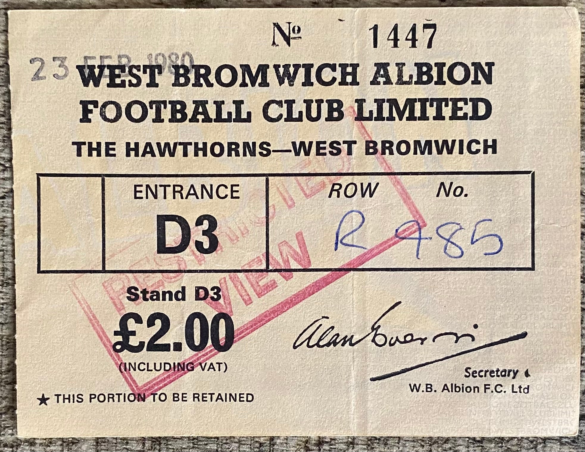 1979/80 ORIGINAL DIVISION 1 TICKET WEST BROMWICH ALBION V ASTON VILLA