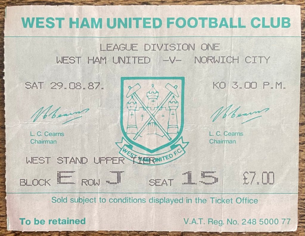 1987/88 ORIGINAL DIVISION ONE TICKET WEST HAM UNITED V NORWICH CITY