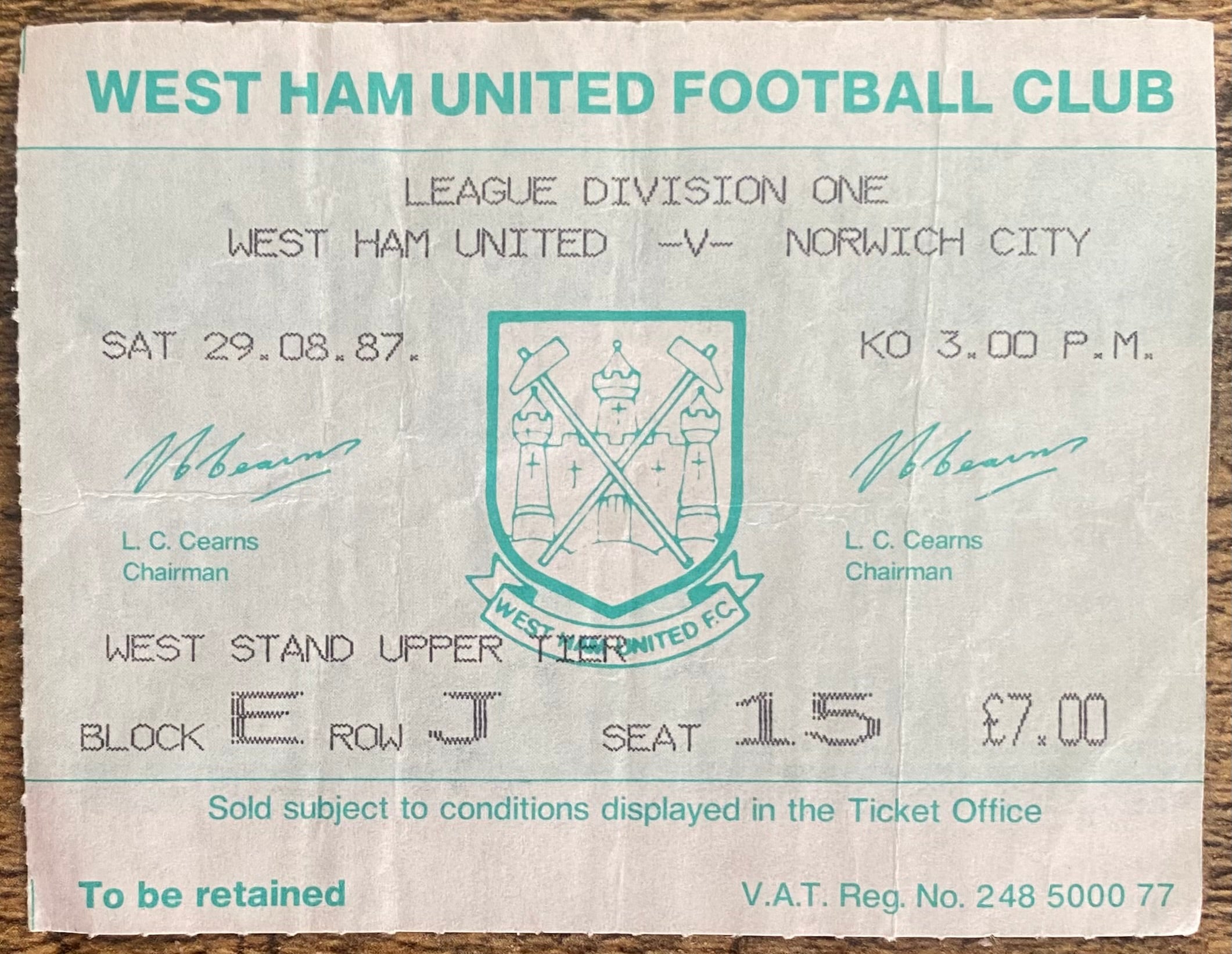 1987/88 ORIGINAL DIVISION ONE TICKET WEST HAM UNITED V NORWICH CITY